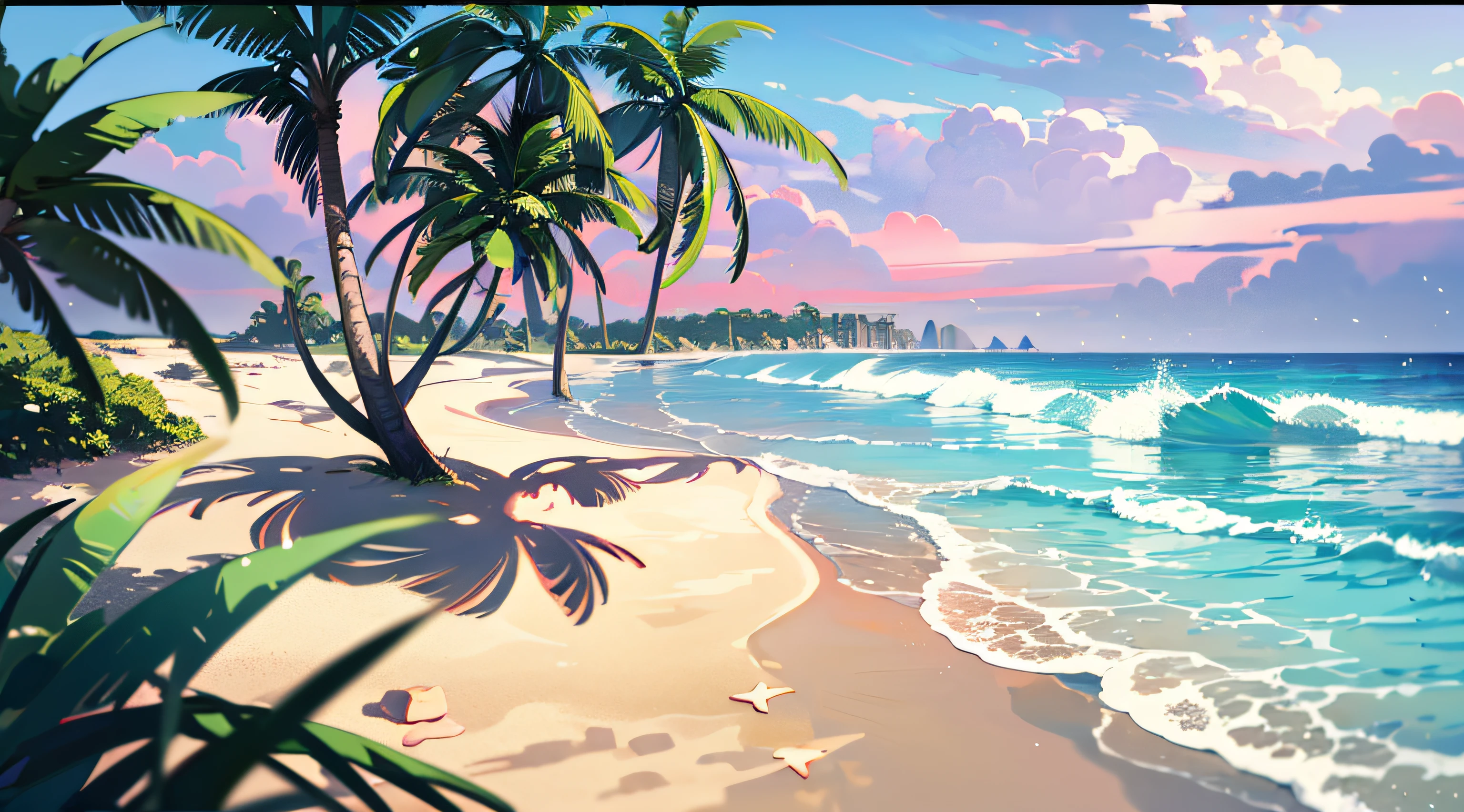 Wallpaper, Sea, Breaking Waves, calm water, Pink Sky, Beach, palm tree, sand, hills, shores, sand on the right, sea on the left, shaping straight line from top to bottom, beach shores, more sand, tree trunk on the sand, no city, no resort, close up, HD Detail, Ultra Detail, Soft Light, Deep Field Focus Bokeh, Ray Tracing, Diffuse (extra fine glass reflections). --v6