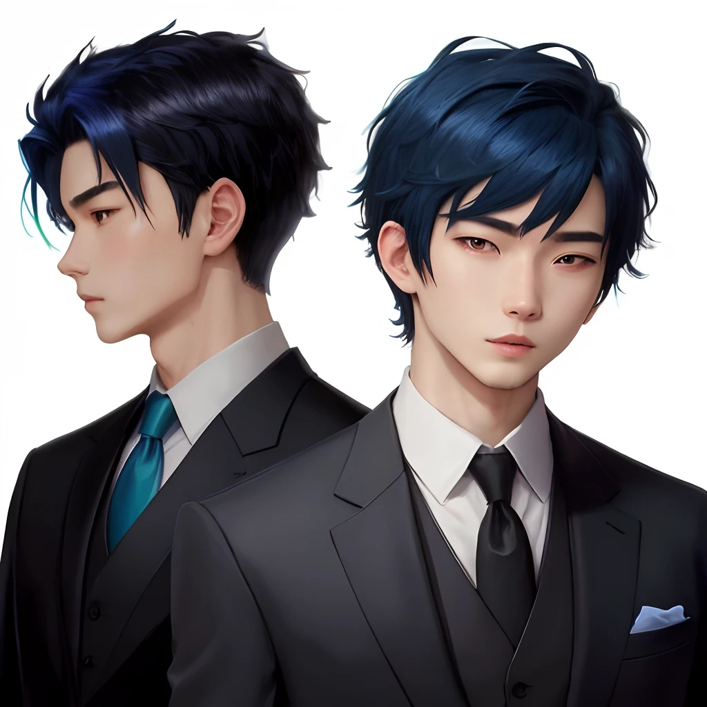 anime guy, in a formal black suit, with blue hair