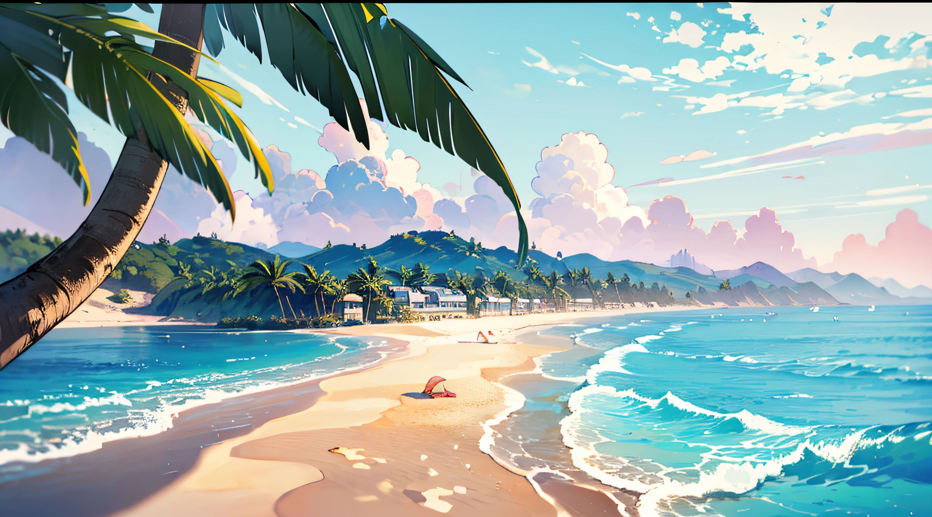 Wallpaper, Sea, Breaking Waves, calm water, Pink Sky, Beach, palm tree, sand, hills, shores, sand on the right, sea on the left, shaping straight line from top to bottom, beach shores, more sand, tree trunk on the sand, no city, no resort, close up, HD Detail, Ultra Detail, Soft Light, Deep Field Focus Bokeh, Ray Tracing, Diffuse (extra fine glass reflections). --v6