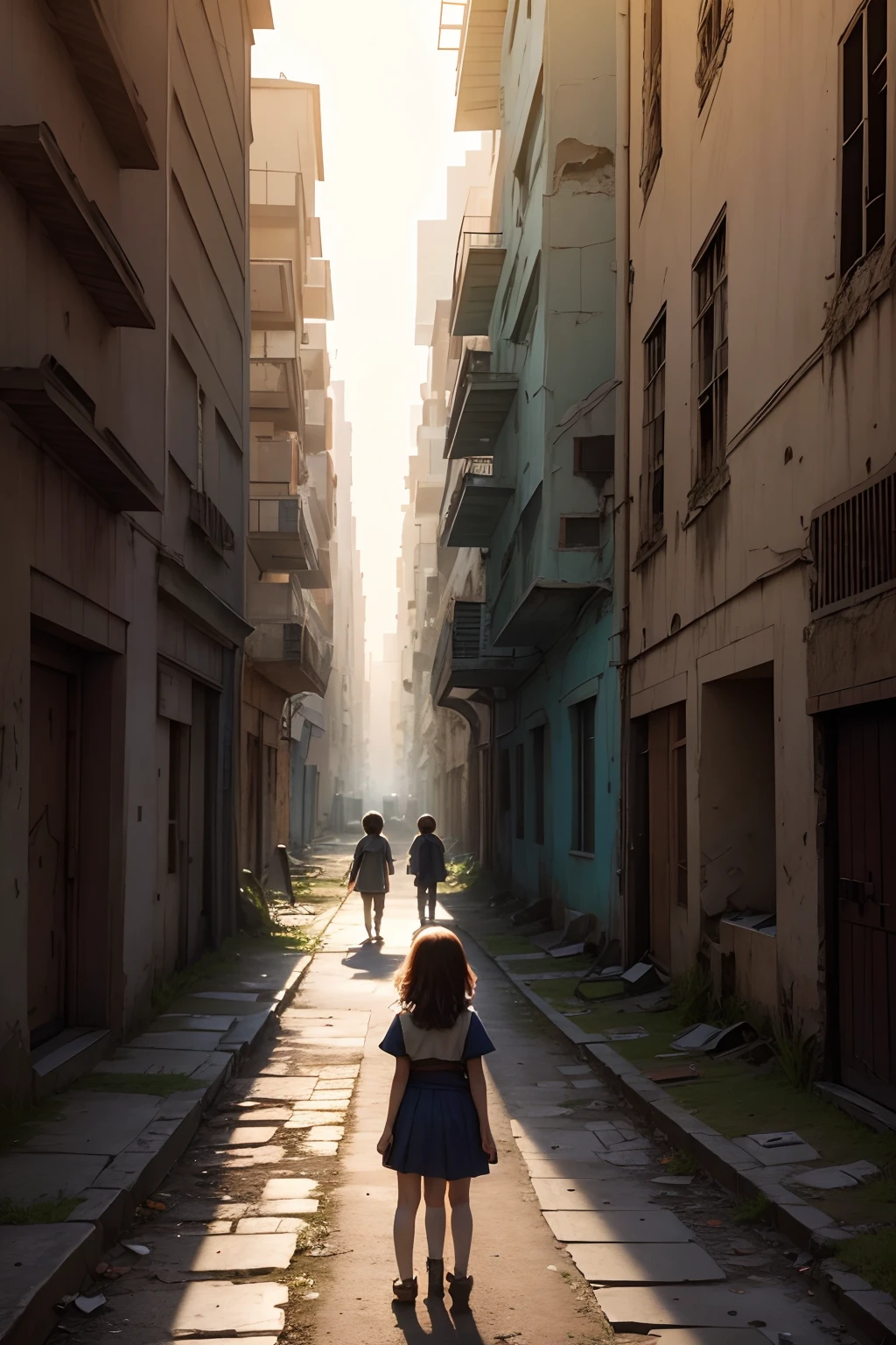 Ruined city、children、a girl and a boy、no person、Sunnyday、There is light、wanting、adventure