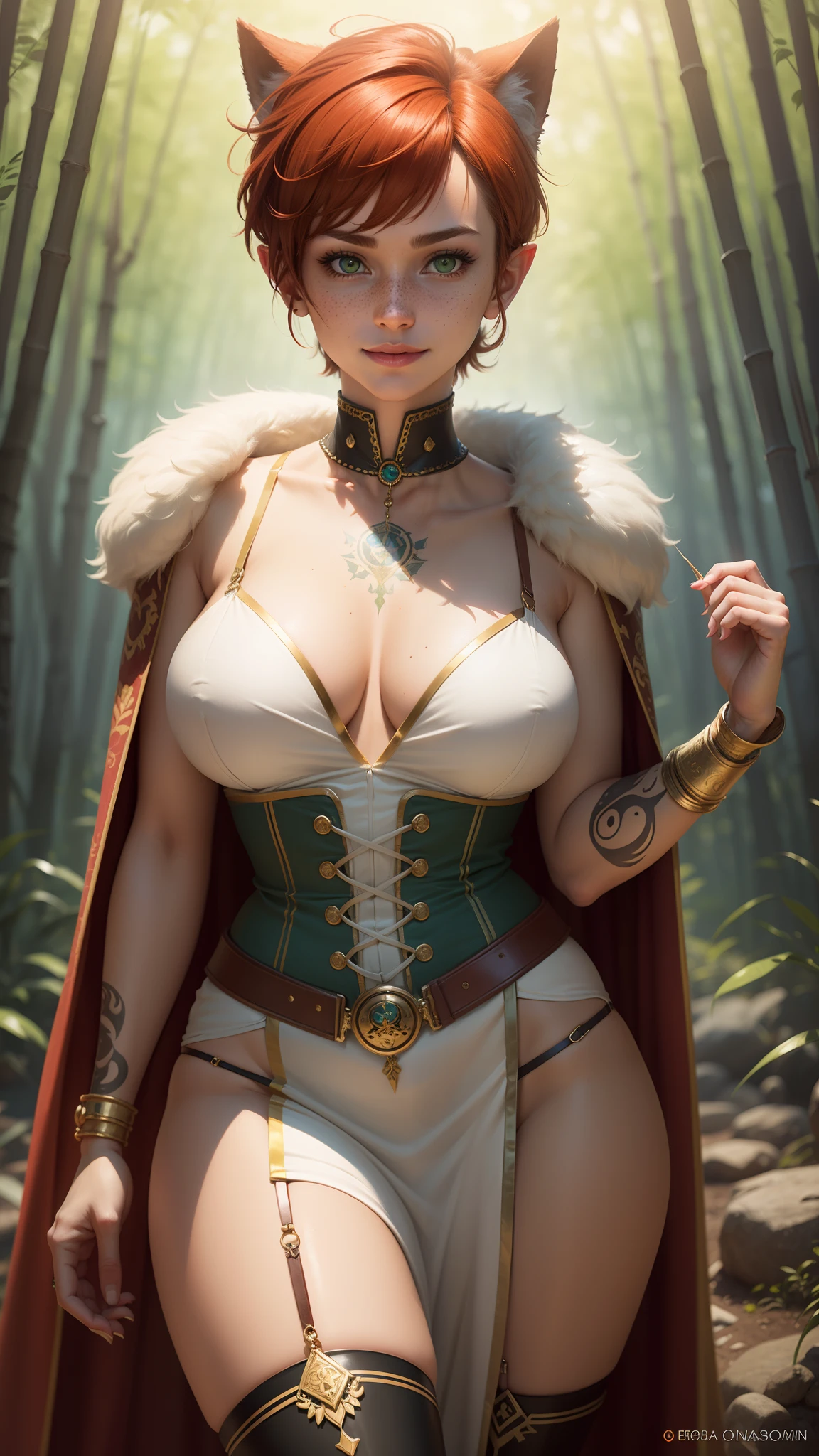 gwen tennyson,tracer,bulma,rebecca chambers,1girl,close up,elf ears,elven armor,gold head and neck jewelry,body tattoos,short hair,long gown dress, wolf fur,ceremonial cape,viking corset, bamboo forest,gold,amulets,tribal piercings and tattoos,white tribal blouse,green eyes,orange hair,shy smile,freckles,redhead,beautiful girl,large breasts,thigh high boots,ultra detailed,realistic,fantasy art,garter belt,