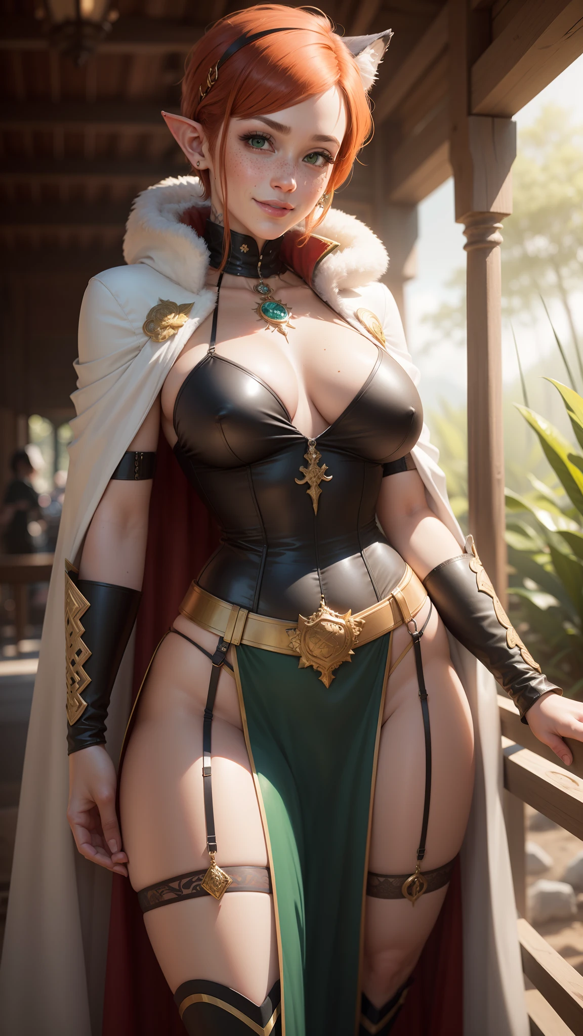 gwen tennyson,tracer,bulma,rebecca chambers,1girl,close up,elf ears,elven armor,gold head and neck jewelry,body tattoos,short hair,long gown dress, wolf fur,ceremonial cape,viking corset, bamboo forest,gold,amulets,tribal piercings and tattoos,white tribal blouse,green eyes,orange hair,shy smile,freckles,redhead,beautiful girl,large breasts,thigh high boots,ultra detailed,realistic,fantasy art,garter belt,