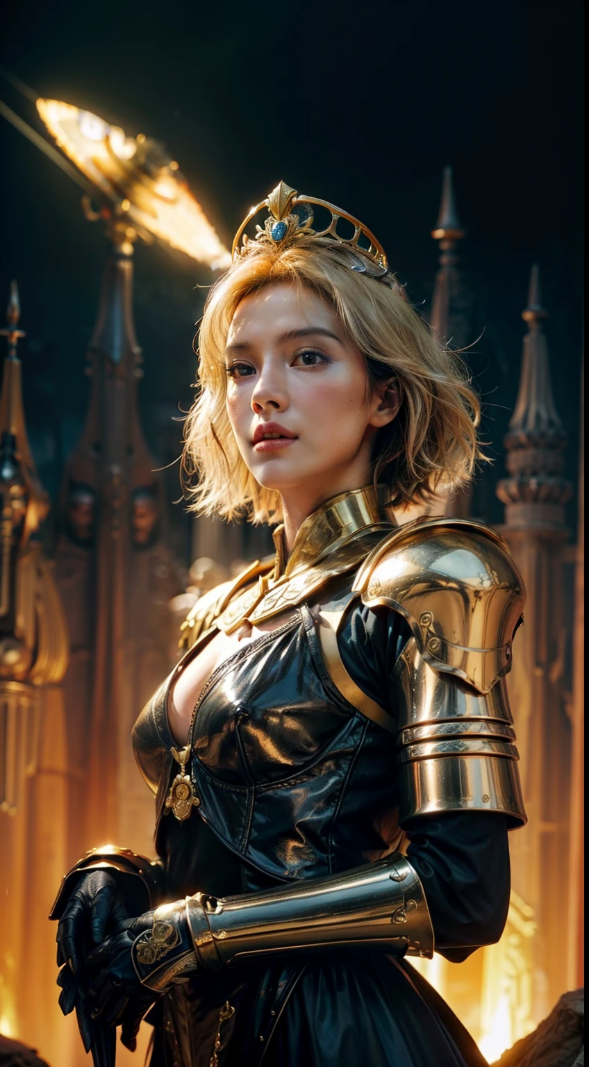 there is a woman standing in front of a large group of aliens, inspired by Volkan Baga, beautiful female warrior, amanita, protagonist in foreground, megadeth, red gold color palette, miles johnstone, with a crown of skulls, armor girl, in the technique of old masters, widescreen shot, mantra rendering, gilded lotus princess, dieselpunk, blonde short hair, midshot, centered image, ultra detail, extremely face detail, extremely eye detail.