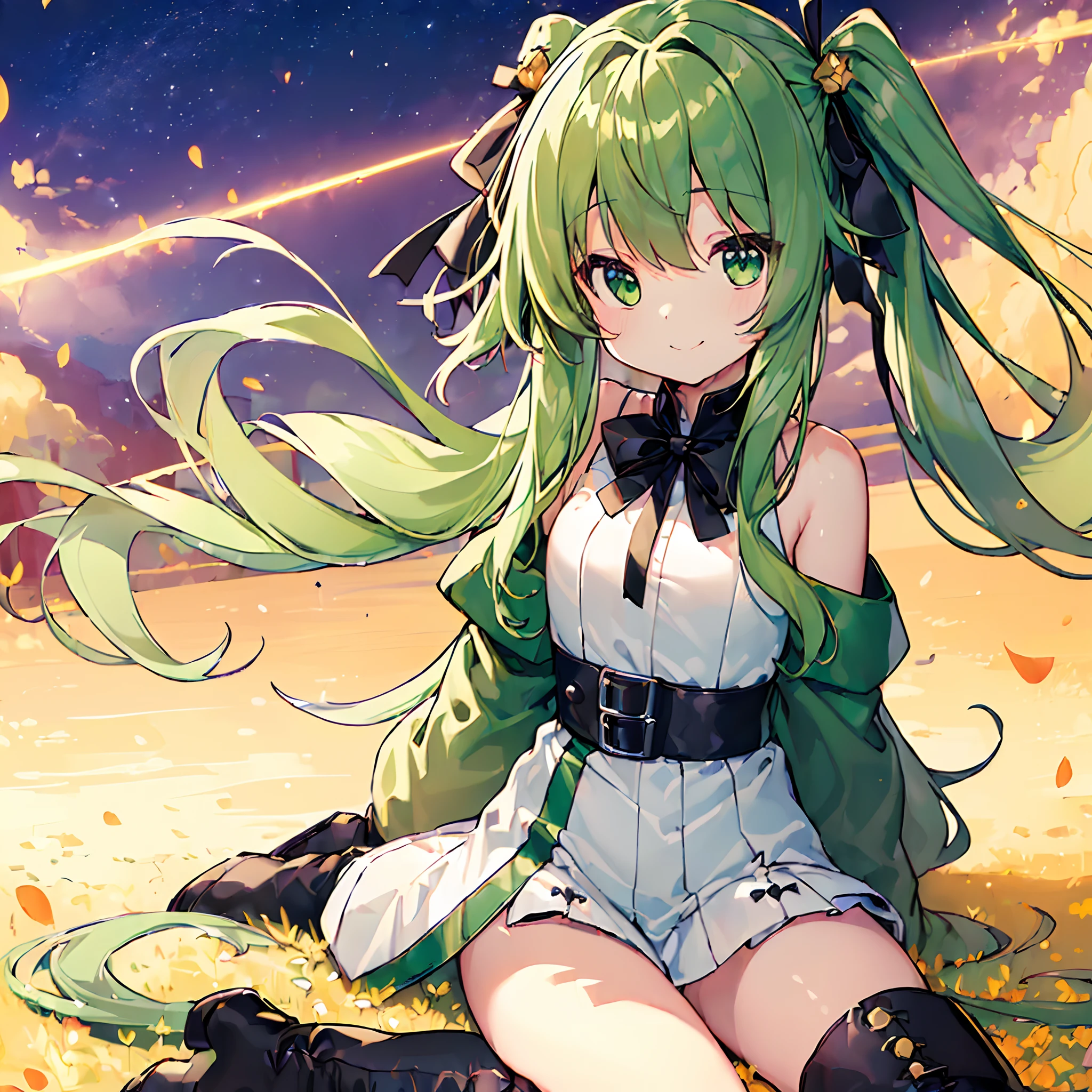 (top-quality:1.5), (masterpiece:1.5), (hight resolution:2.0)、Beautiful girl alone、cute little、Lori、Small breasts、sitting on、(a smile)、(green colored eyes)、(Eyes in detail)、(green colored hair)、((Twin-tailed))、(Semi-long hair:1,5)、Metal Hair Ornament、(White Dress)、(Clothes with golden pattern)、Green ruffles、Black belt、off shoulders、Long sleeves、(Black boots:1.5)、Black ribbon at neck、Countless golden petals fly in the wind、darkness、takeout、naturey、grass field、FULL BODYSHOT、White Sphere