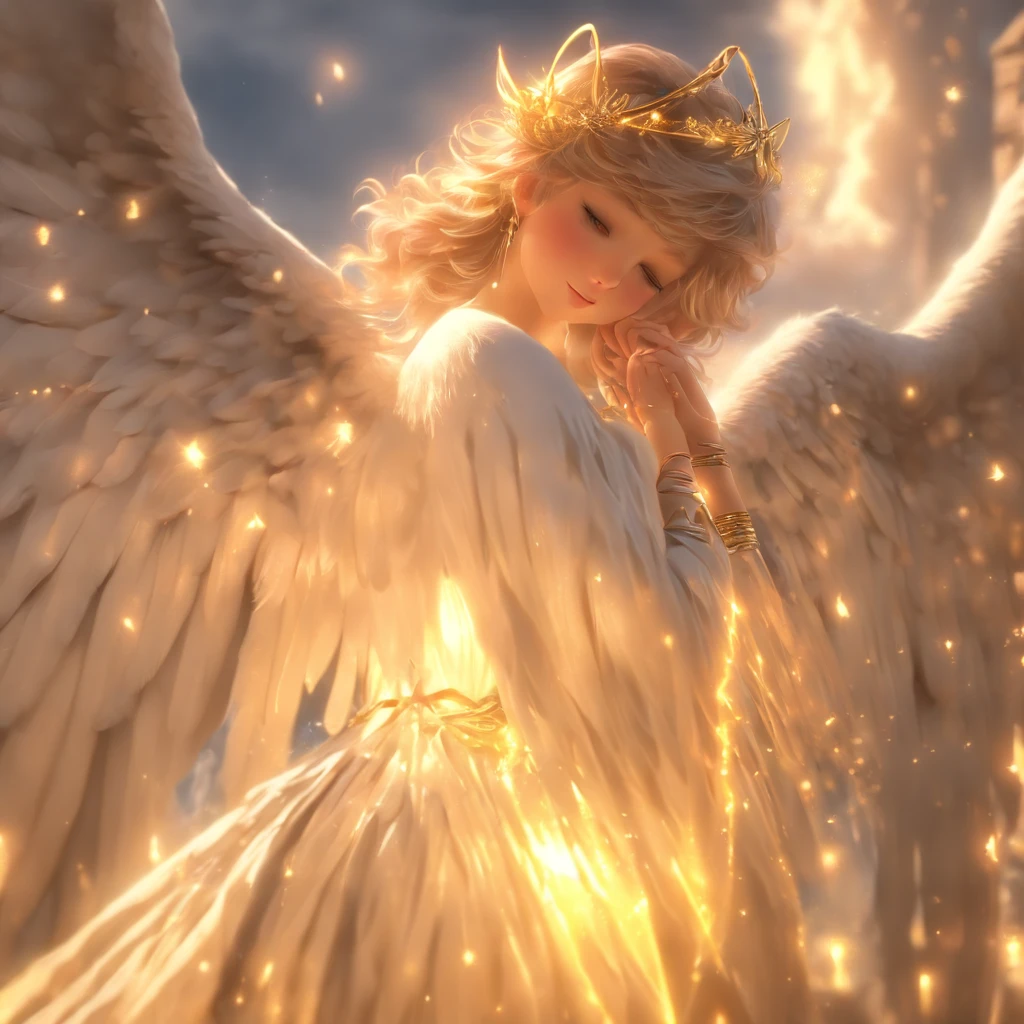 (Numerous award-winning masterpieces, with incredible detail, textures and maximum detail), (hyper realistic:1.4), (realistic:1.3), (best quality real texture skin), (finely detailed true circle Symmetrical eyes), finely detailed face, ((medieval world)), ((((black angel of the Lord, white angel of the Lord)))), (Beautiful kind eyes), (She has a mischievous smile on her face), (Beautifully colored eyes filled with compassion), (Angels dancing in the background), (Dramatic Light), (A majestic sight), (Her expression is serene full of tenderness and very beautiful), ((Large wings with pure white feathers behind the shoulders)), (((Folded wings))), Glass earrings on the ears, (((dramatic photo))), (twilight), (sunset), (dusk), (Sacred Pose), ((dramatic pose)), (flamboyant photo), (golden hair), (silver hair), (chestnut hair), Short cut hair, ((Full-length portrait)), ((looks up)), ((looking down)), ((full-body standing image)), ((gives full-body standing image)), (Around her neck is a simple necklace of exquisite workmanship), Old ruins infested with plants, great temple, great cathedral, temple ruins, detached temple, Luminous magic circle, Ruins of an ancient castle, Deserted ruins, crumbling ruins, Ancient ruins with clear water, wavelets, running water, Shining majestic cloud masses and sky, halo optical phenomenon, Sacred Light, epic realistic, ((neutral colors)), (hdr:1.5), (muted colors:1.2), hyper detailed, cinematic, warm lights, dramatic light, (intricate details:1.1), complex background,