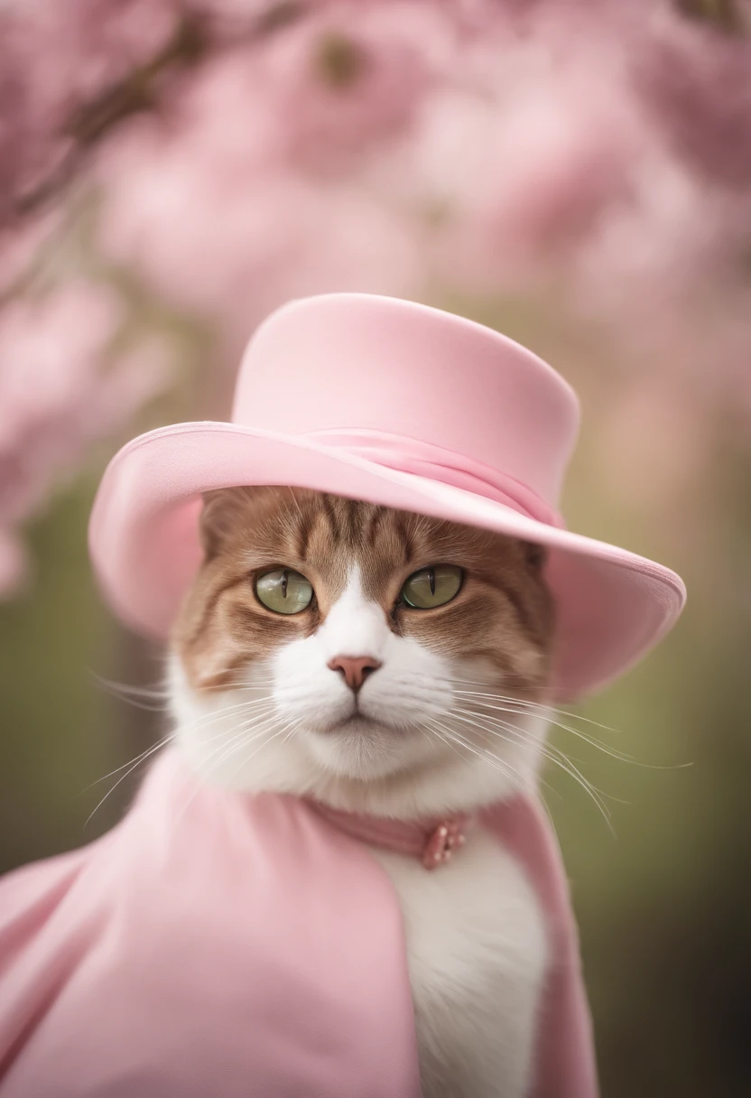 Portrait of a realistic cat wearing an elegant hat and a pink dress, antropomorfo, standingn. de pe