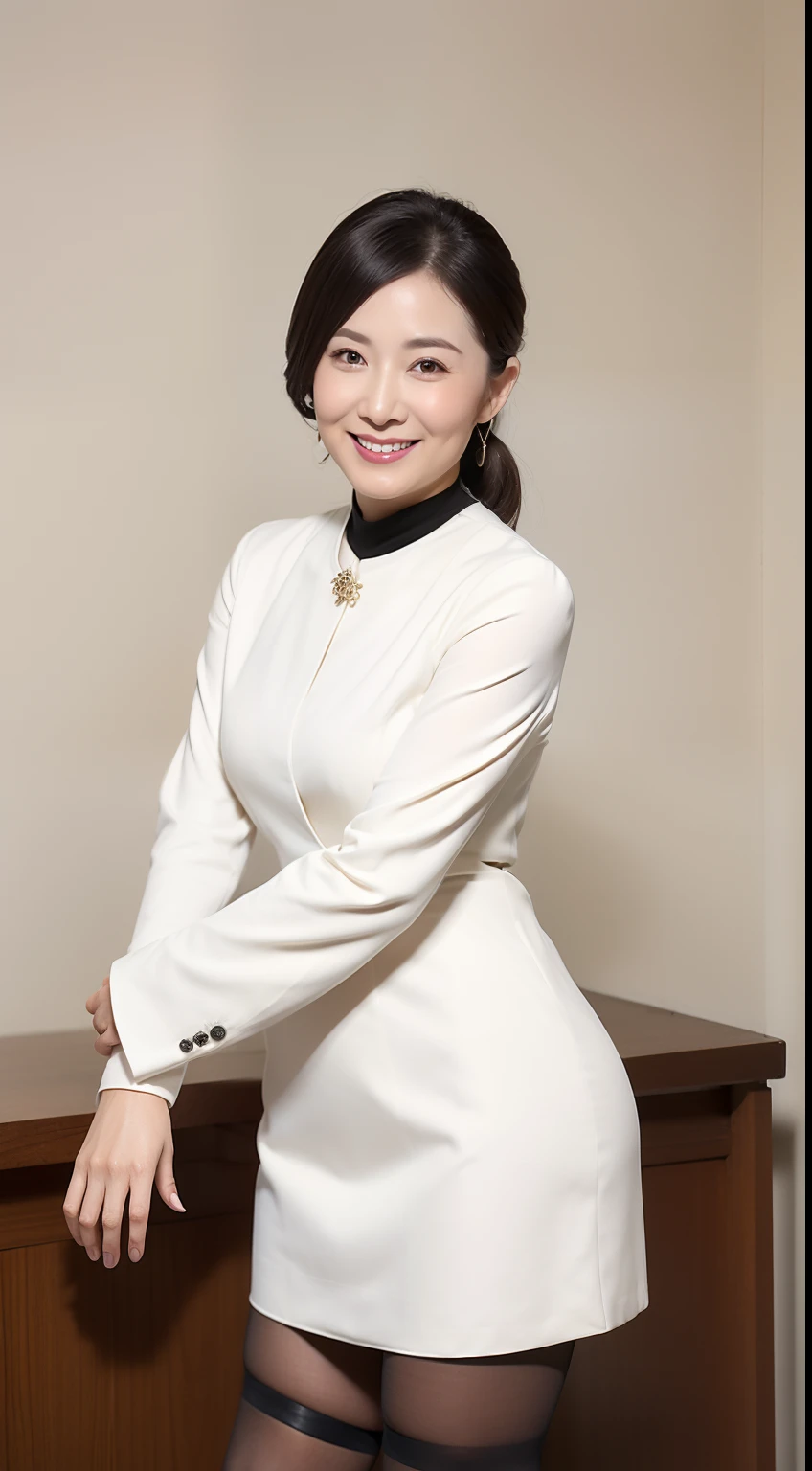 Masterpiece,Best quality, (maam. clerk:1), ((Portrait:1.3)), Cross arms， Smile，Professional Dress，Long legs，skin hyper-detail，Clear pores，in a panoramic view，Cocked buttocks，black lence stockings，Beautiful young Japanese woman over 40 years old,  Perfect face, Fantastic look,  (Detailed facial features),  Clean and nice face，