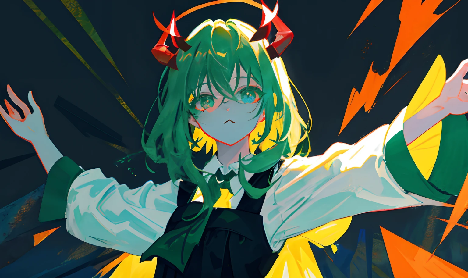 schoolgirls,Red and green coiled hair,Pale green cheongsam,Heteropupil,Green-blue heteropupils，There are devil's horns，There are no bright spots in the eyes，pouty，solo person