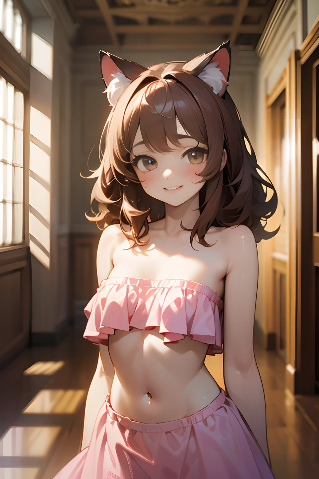 ((Masterpiece)), (High Definition:1.3), (Professional Photography:1.2), best quality, 8K, Textured skin, cinematic lighting, 1girl, wide-shot, (Cute innocent age girl), slendar and small breast, very messy medium hair, Wearing loliink dress, (exposed naked stomach), blush and smile, cat ears, pale brown hair, (cute posing in the large hall)