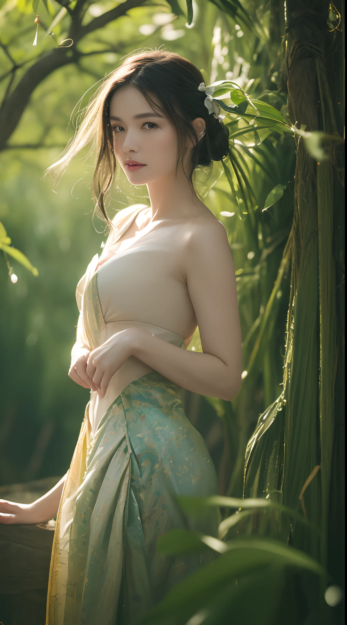 (Best quality,4K,8K,A high resolution,Masterpiece:1.2), Ultra-detailed, (Realistic,Photorealistic,photo-realistic:1.37), Blurred, Green-haired lady, Vertical yellow iris, deer antlers, Swimwear, Soft lighting, Playful and elegant curves, Sharp focus, Extremely detailed, Ethereal, Traditional Chinese landscape painting, Vibrant colors, Gentle lighting, Beads of sweat on fair skin, rainy scene