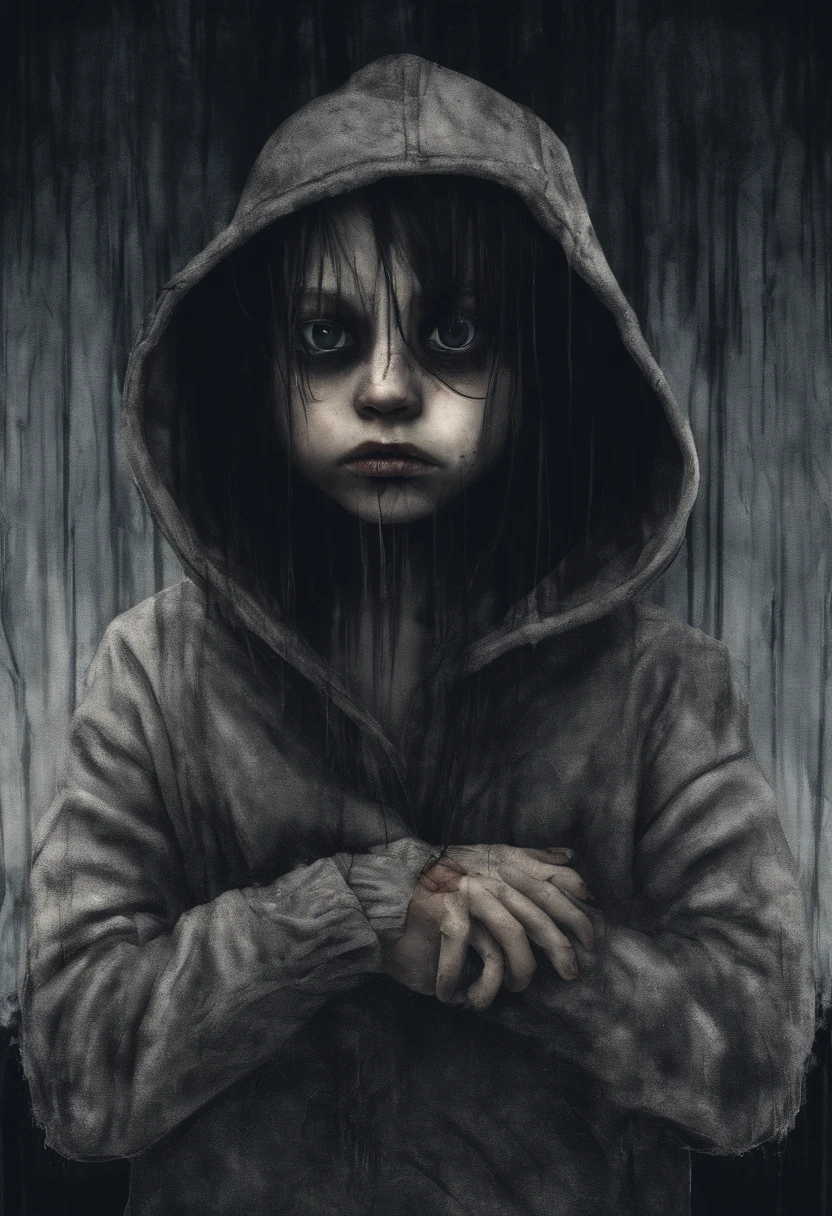 A six year old daughter with dark black hair and light black eyes wearing a teddy bear hoodie
