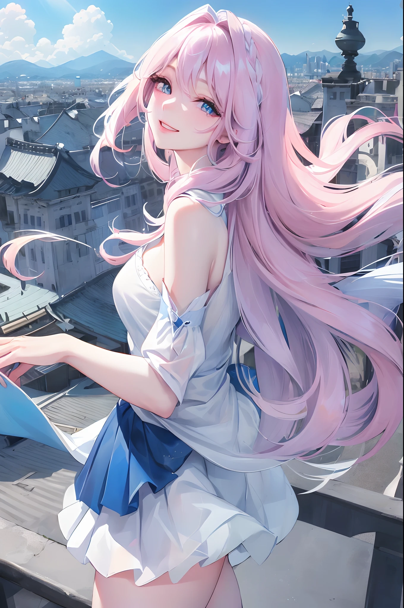 Official Art, Masterpiece, Sharp Focus, (Beautiful Gorgeous and Lovely Korean Woman: 1.3), (Beautiful and Lovely Korean: 1.3), Korean beauty, delicate and beautiful hair eyes and face, realistic, super detailed, beautiful girl, blue sky, luminous white particles, (side light:1.2), sunlight, white clouds, fine clouds, slim, cute big tits, big ass, grin, ((eyes open when laughing)), landscape, long straight hair, sexy expression, buildings, (city view: 1.7), dynamic hair, long straight hair, delicate platinum-pink hair, shiny blue eyes, (blue pleated shirt + white dress), white stockings, pale skin, hair dotted with epic landscapes,Beautiful side breasts