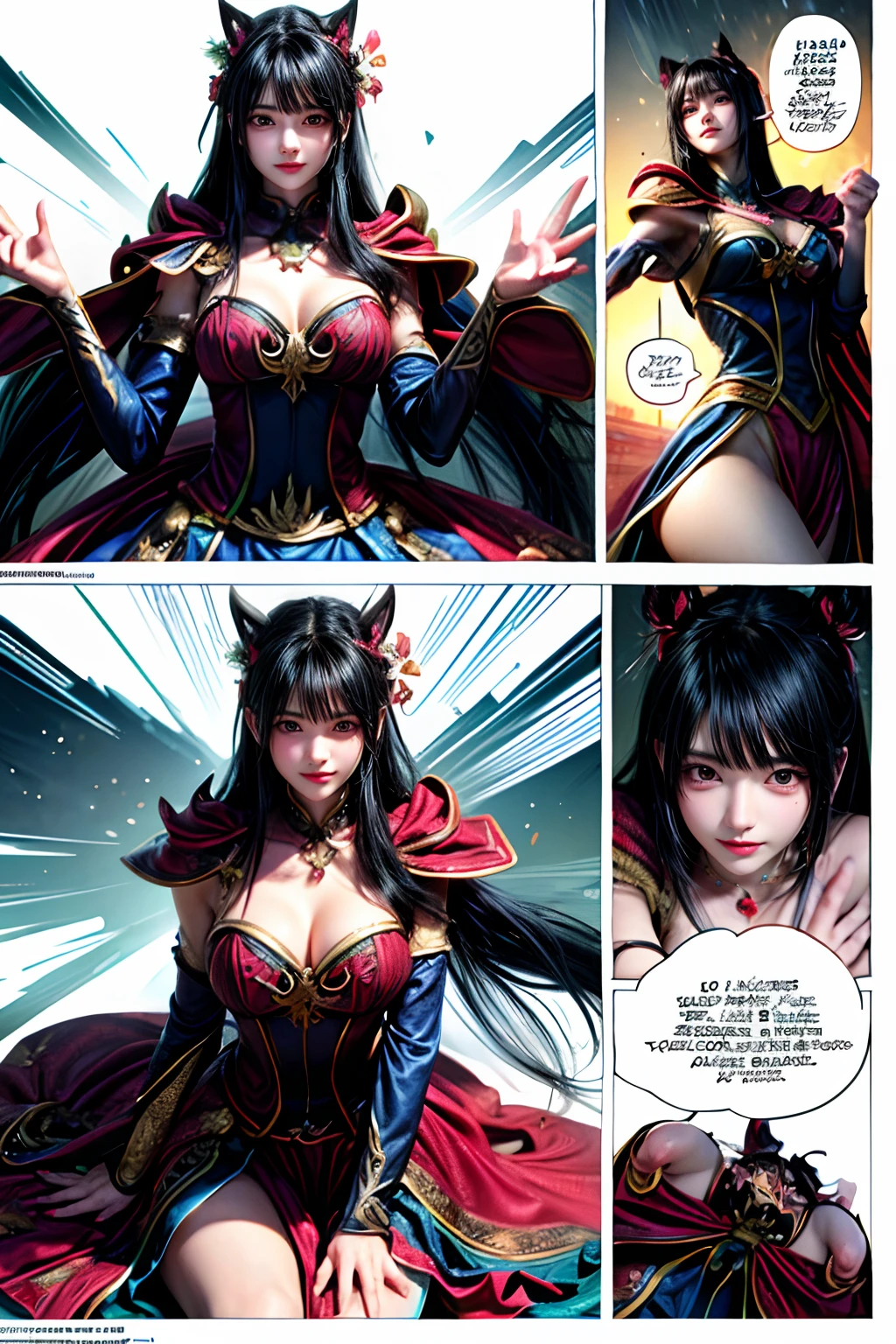 Comic storyboard:1.8, comic strip_layout,Chinese woman,The beautiful,Costume dress,edgBunny,full moon, 32K ,hyper HD, , anatomy correct,fantasy,Comics-like panel layout, Voice balloons, English text, Hand drawn audio stickers used in comics