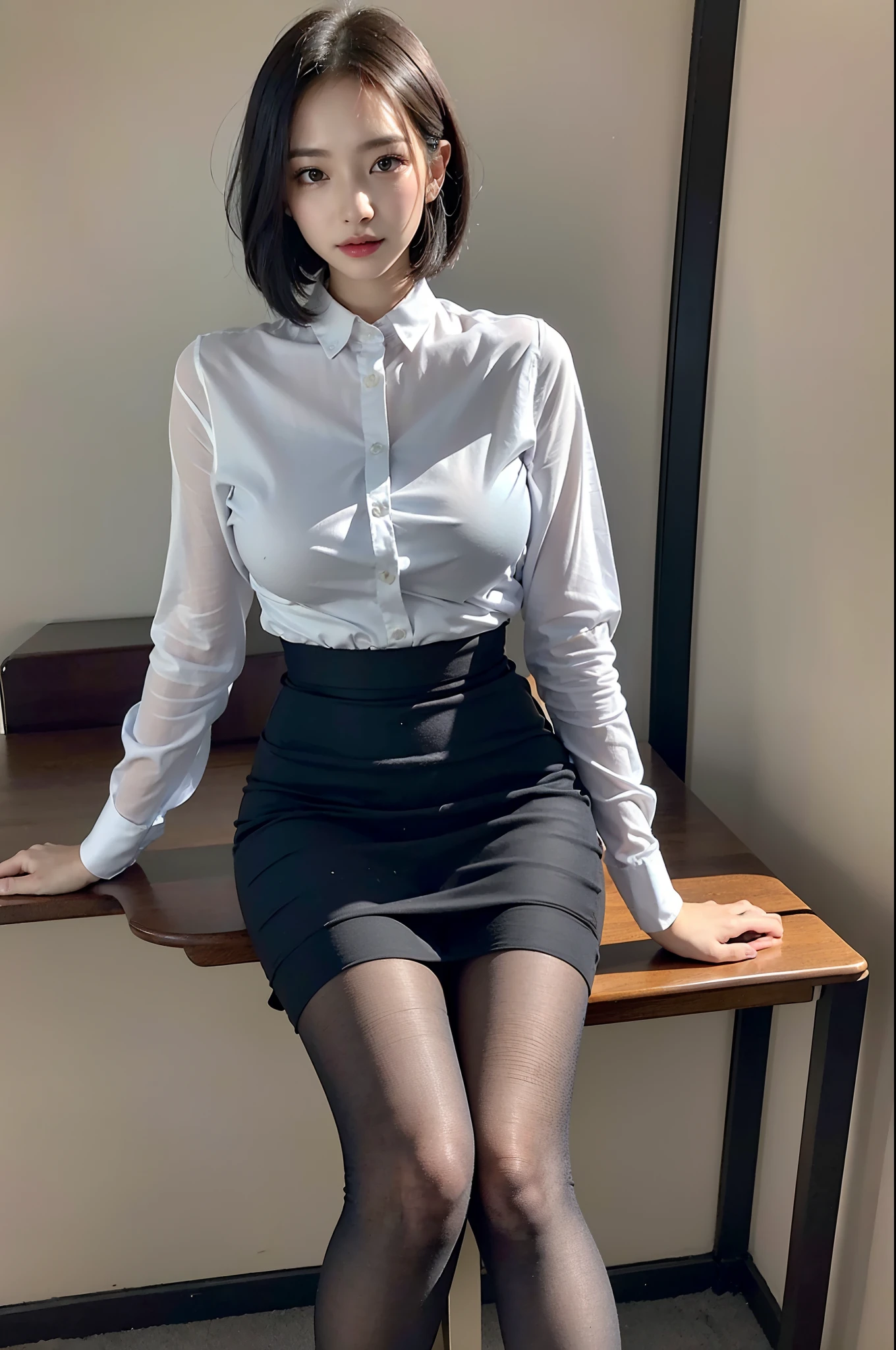 (Light underwear upper-class elite secretary), sit on chair，working in an office、 (Wear pantyhose)、(Short Layer Hair)、Crossed legs, Wear high-end heels、 (thighhighs and skirt), Shirt secretary, Merchant,  Wear a shirt and skirt, Business attire, business outfit, RAW photo, (8K、top-quality、tmasterpiece:1.2)、(intricately details:1.4)、(Photorealsitic:1.4)、octane renderings、Complex 3D Rendering Ultra Detail,  vibrant detail, super detailing, realistic skin textures, Detal Face, Beautiful detail eyes, Very detailed CG Unity 16k wallpaper, Makeup - makeup, (detailedbackground:1.2), shiny skins、Bare with thighs!!!,