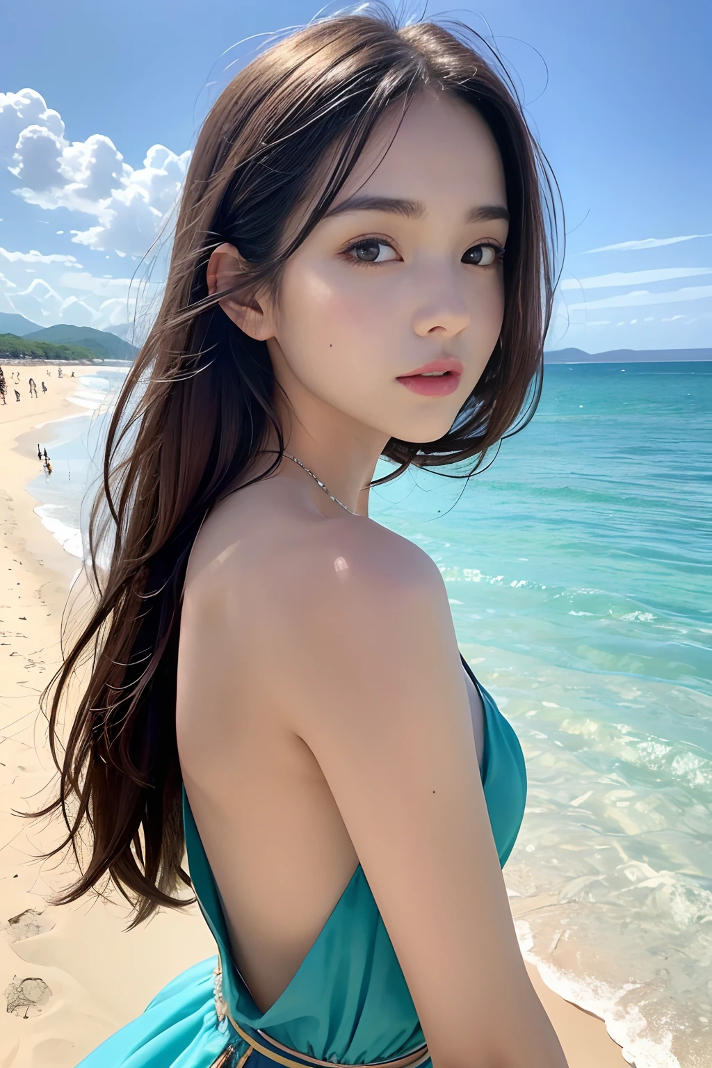 ((highest quality, 8K, masterpiece: 1.3)), concentrate: 1.2, perfect beauty: 1.4, butt: 1.2, ((layered hairstyles, chest: 1.2)), (white bikini style), (sunset, street: 1.3), Half Way Dresses: 1.1, Highly detailed face and skin texture, narrow eyes, double eyelid, Whitening skin, long hair, (shut up: 1.3), smile, Unreal beauty,(((The background is a cobalt blue sea and a beautiful coast.))),((Cheeks and lips are pale pink)),