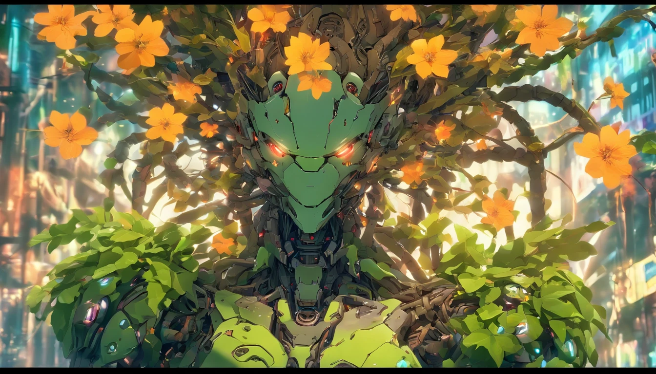 gorgeous botanical cyborg with dry flowers growing out of it, rustic:1.3 ,biomechanical  ((cyborg:1.3))automata, android, bokah diadem, damaged suit, dameged head, cracked glass, scratche screen,damned lands,yule heaven,biomechanical cyborg, 8k resoultion,  cinematic style digital art render with mechanical and futuristic details, Sci-Fi, hyper realistic ,biomachanical cyborg, post apocalyptic, damaged, surreal,surreal, withered nature, withered plants and leaves , dried