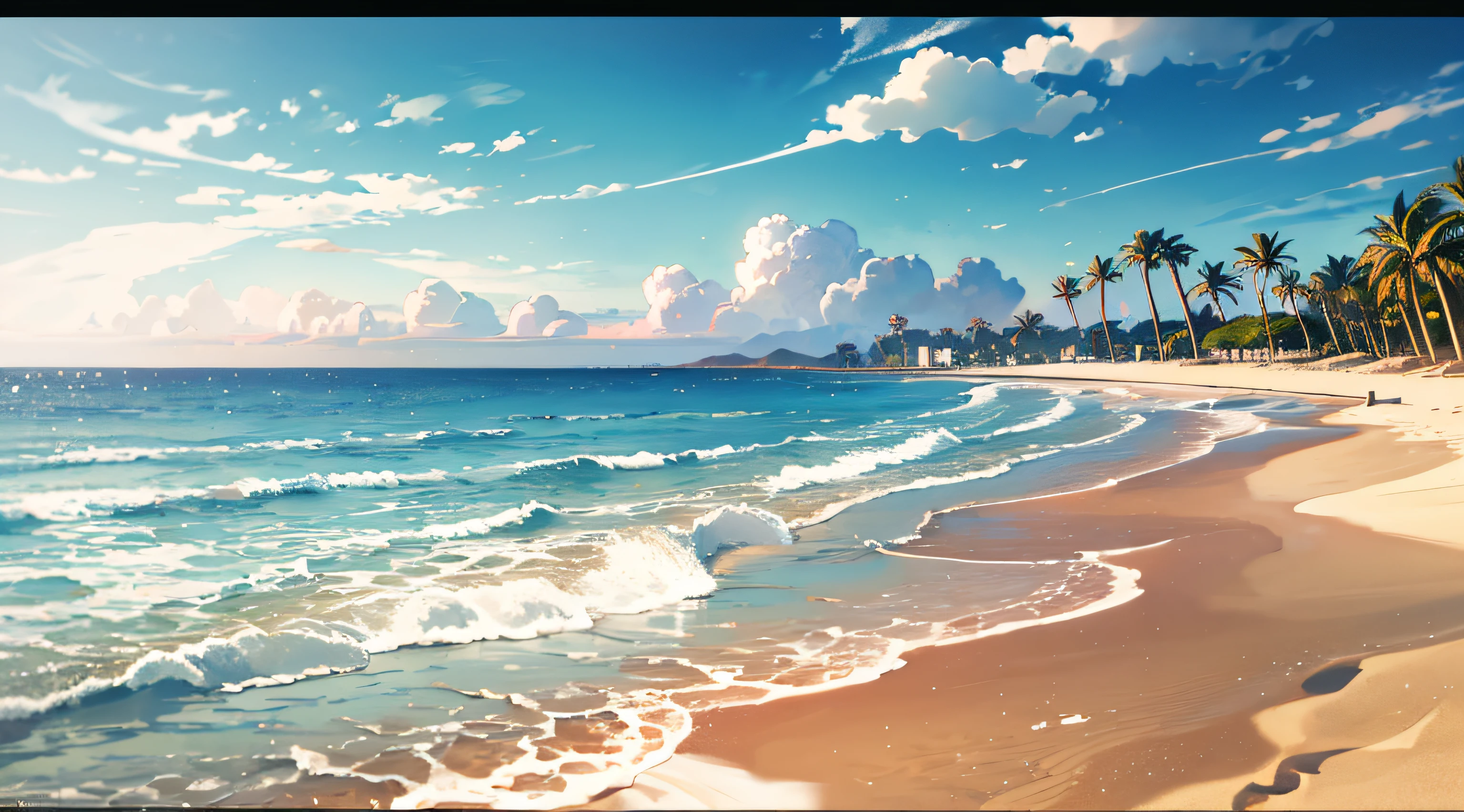 Wallpaper, Sea, Breaking Waves, calm water, Pink Sky, Beach, palm tree, sand, hills, shores, sand on the right, sea on the left, shaping straight line from top to bottom, beach shores, more sand, tree trunk on the sand, no city, no resort, close up, HD Detail, Ultra Detail, Soft Light, Deep Field Focus Bokeh, Ray Tracing, Diffuse (extra fine glass reflections). --v6