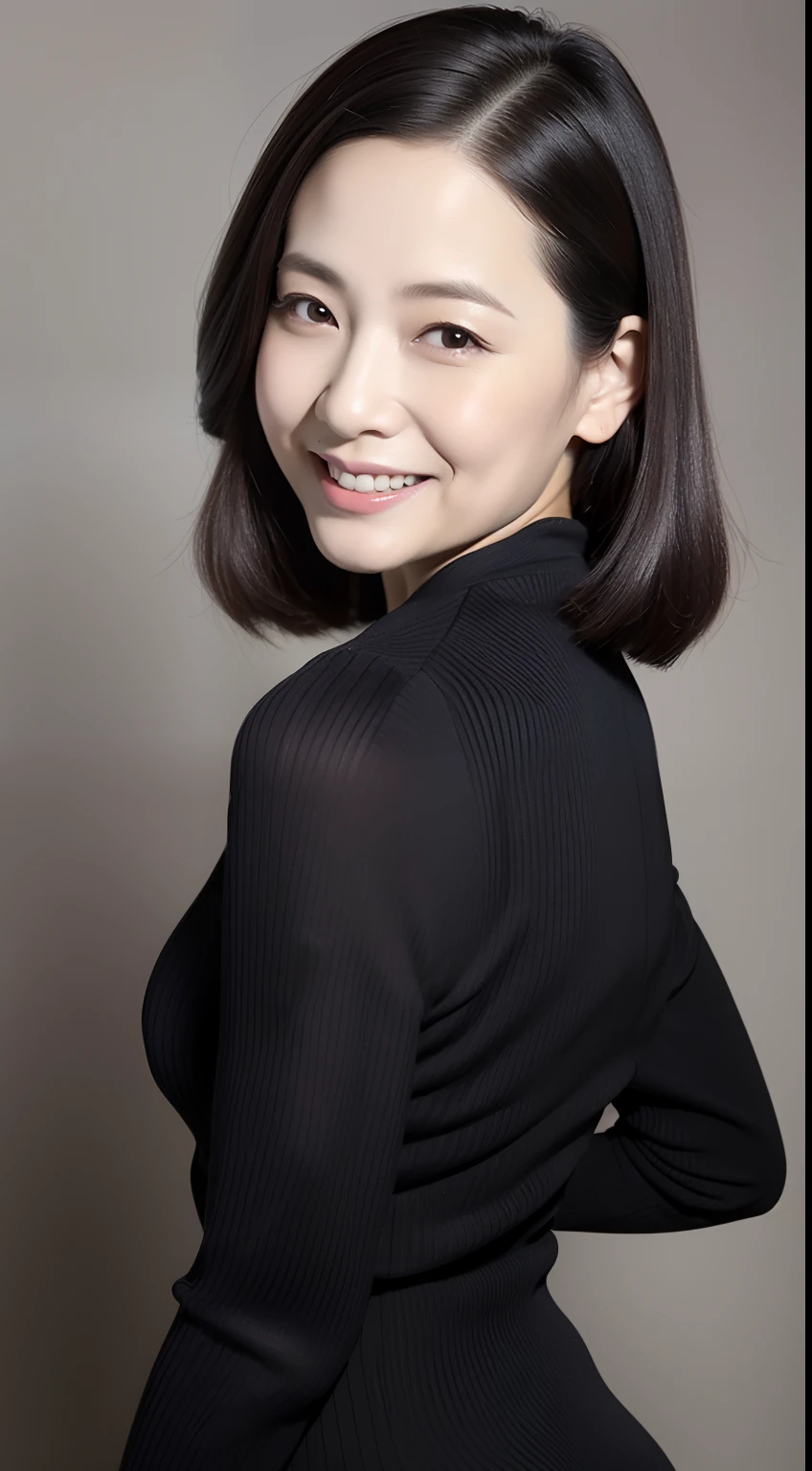 Masterpiece,Best quality, (maam. clerk:1), ((Portrait:1.3)), Cross arms, Smile,Professional Dress,Long legs,skin hyper-detail,Clear pores,in a panoramic view,Cocked buttocks,black lence stockings,Beautiful young Japanese woman over 40 years old, Perfect face, Fantastic look, (Detailed facial features), Clean and nice face,