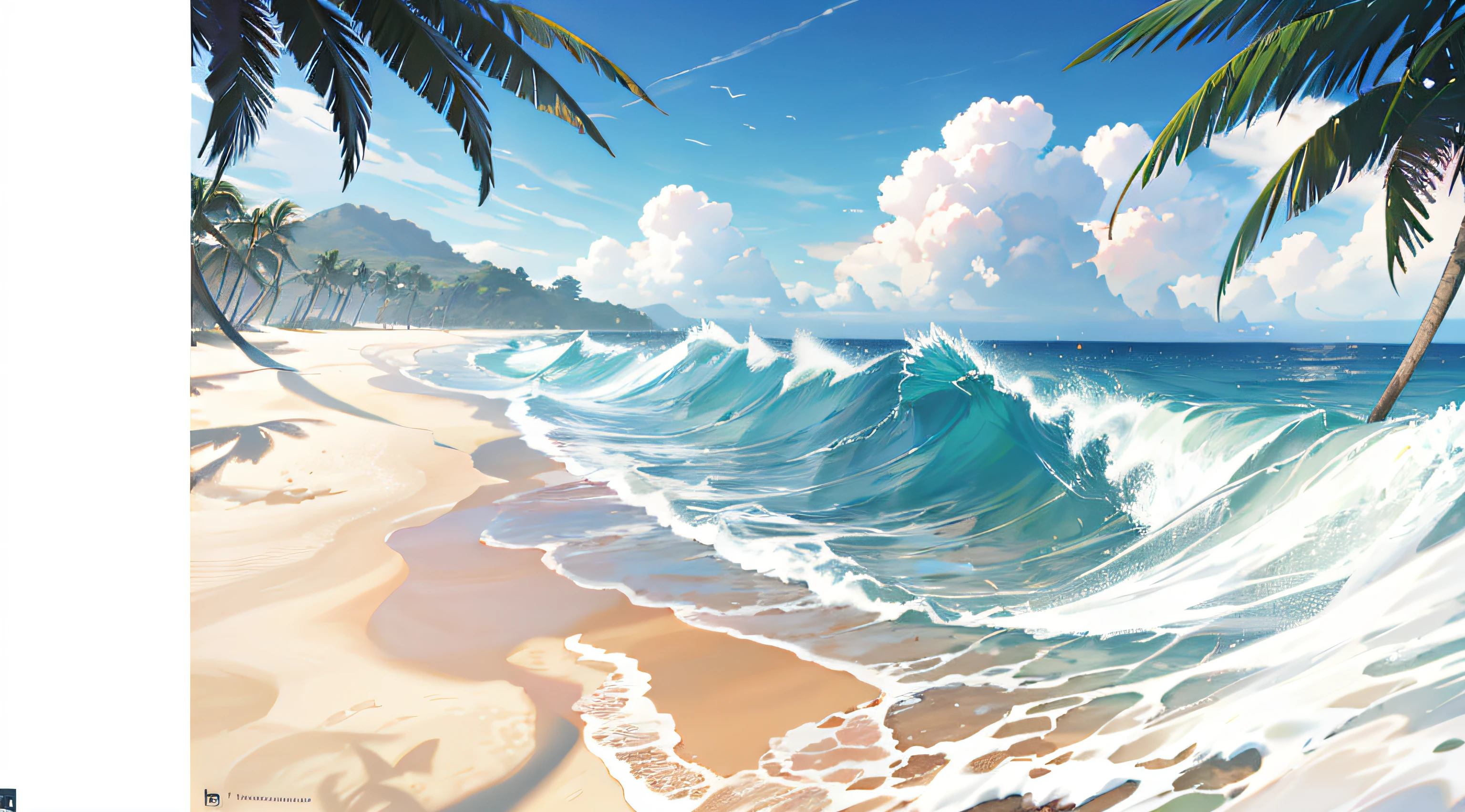 Wallpaper, Sea, Breaking Waves, calm water, Pink Sky, Beach, palm tree, sand, hills, shores, sand on the right, sea on the left, shaping straight line from top to bottom, beach shores, more sand, tree trunk on the sand, no city, no resort, close up, HD Detail, Ultra Detail, Soft Light, Deep Field Focus Bokeh, Ray Tracing, Diffuse (extra fine glass reflections). --v6