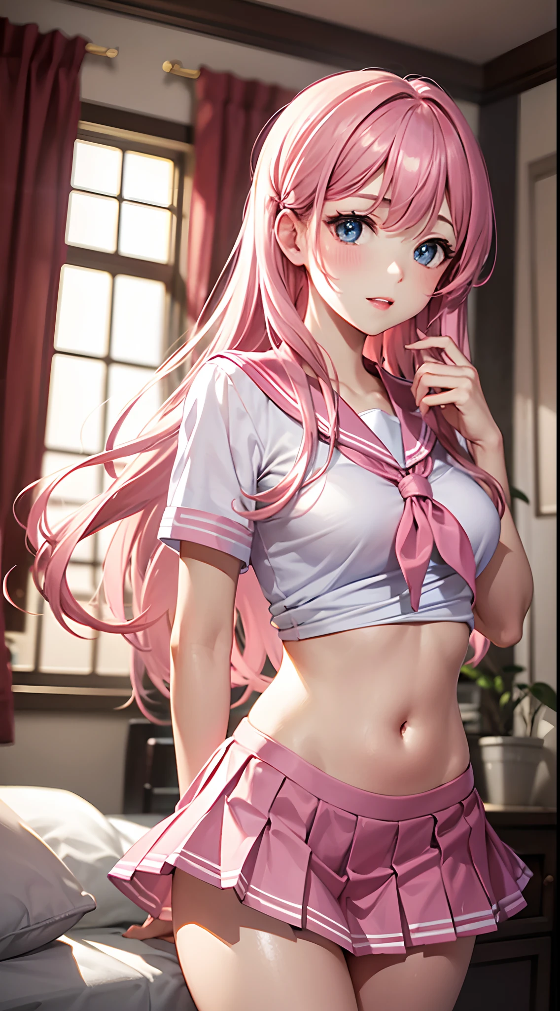 beautiful illustration、top-quality、 s、bedroom、A pink-haired、length hair、(((Pink pleated skirt)))、(((pink sailor suit)))、shortsleeves、middlebreast、a navel、Flipping up the skirt with your hands、Show white panties、Pull up your skirt and show your panties、bare-legged、blue eyess、on the beds、lovely thighs、glowing thigh