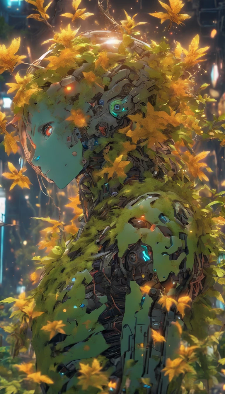 gorgeous botanical cyborg with dry flowers growing out of it, rustic:1.3 ,biomechanical ((cyborg:1.3))automata, android, bokah diadem, damaged suit, dameged head, cracked glass, scratche screen,damned lands,yule heaven,biomechanical cyborg, 8k resoultion, cinematic style digital art render with mechanical and futuristic details, Sci-Fi, hyper realistic ,biomachanical cyborg, post apocalyptic, damaged, surreal,surreal, withered nature, withered plants and leaves , dried