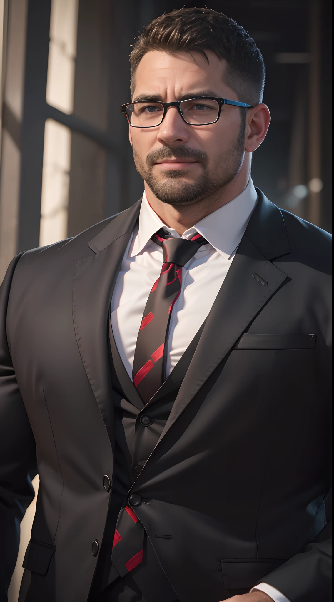 An award-winning original photo，A wild muscular man, (40 years old daddy:1.1), 1boy, Solo, (black suit), (white dress shirt), (red print necktie), (big shoulders), musculature, stubbles, Short beard, Beautiful eyes:1.3, ), (Detailed face:1.3), wearing glasses, smiles, Dynamic Angle, volumetric lighting, (Best quality, A high resolution, Photorealistic), Cinematic lighting, Masterpiece, RAW photo, Intricate details, hdr, depth of field, upper body shot