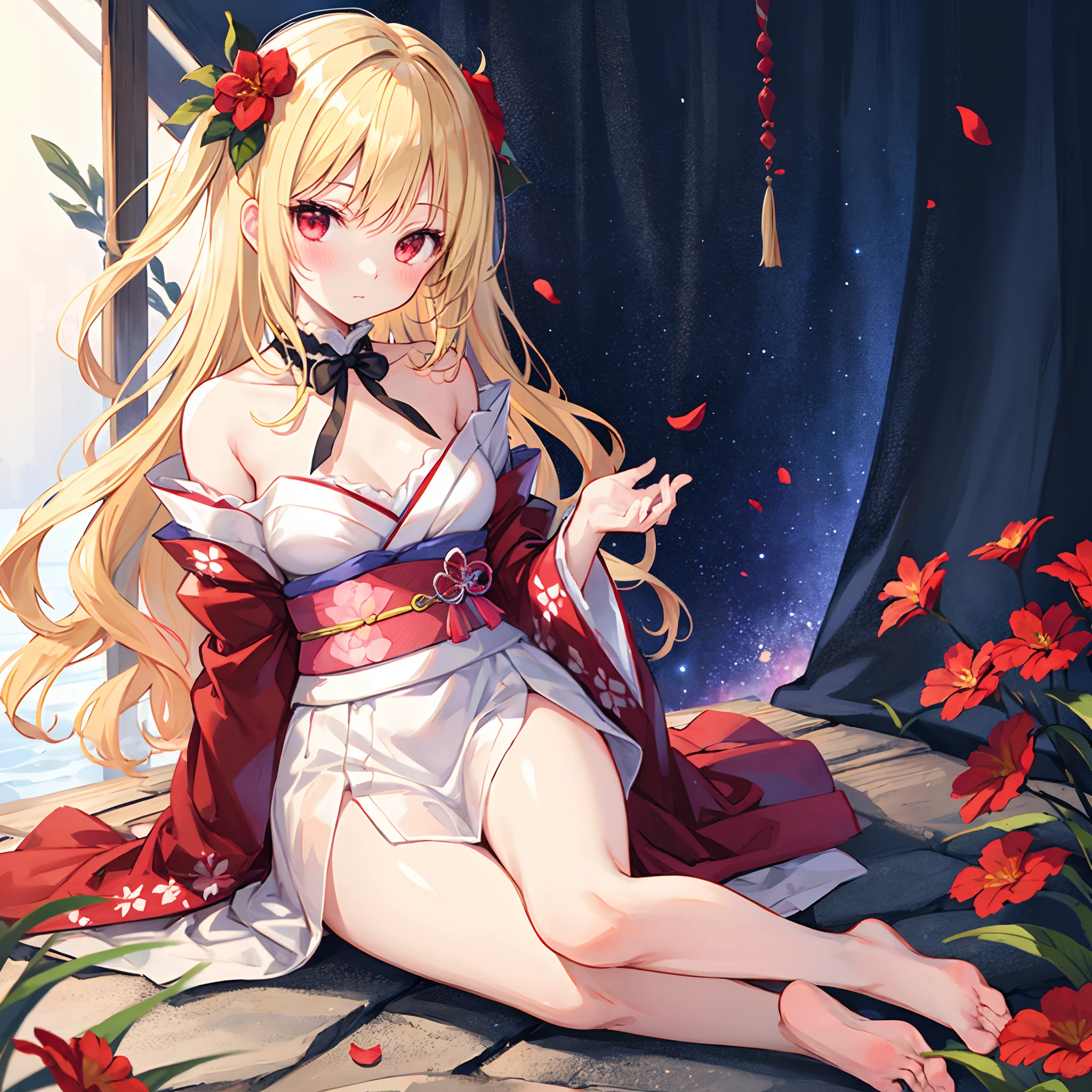 Wavy blonde、bow ribbon、red eyes、Beautiful girl alone、red blush、kimono、off shoulders、Raw feet、flower field、