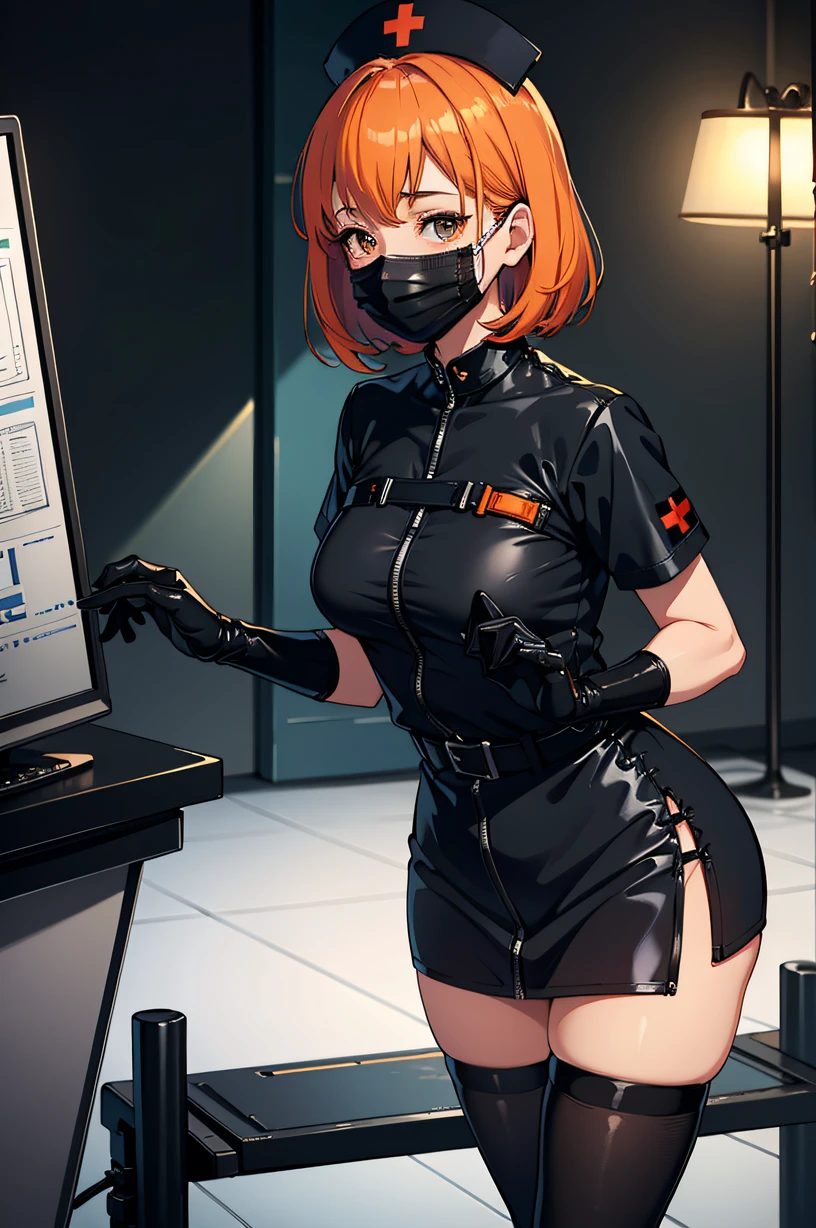 black nurse, 1girl, black nurse cap, black wear, ((black legwear, zettai ryouiki)), black elbow gloves, very short hair, orange hair, ((black surgical mask, covered nose)), standing, ((surgery room)), sharp outline, short sleeves, tomboy, boyish, best quality, masterpiece