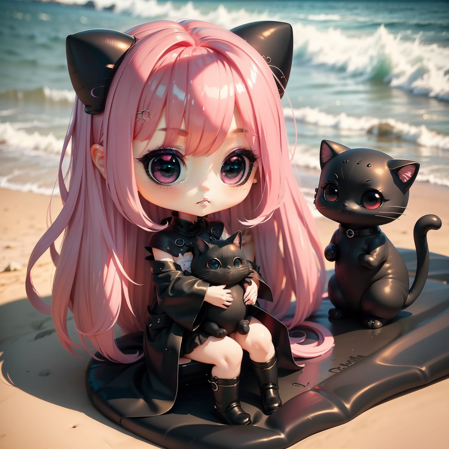 masterpiece、detaileds、Soft lighting、swim wears、Goth cat girl with long pink hair、Black-eyed chibi、beach side