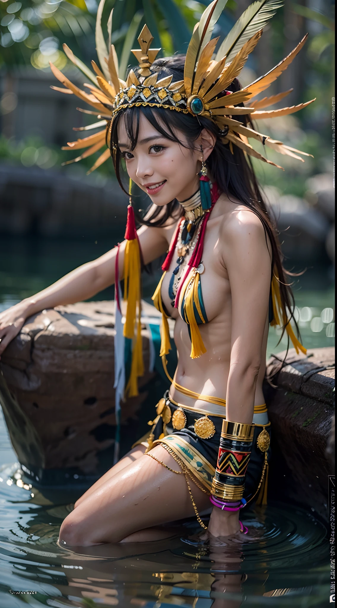 1 Borneo Tribal Girl, Wearing tribal headdresses and accessories, Sitting naked in a river bath, Show and chest, Hyper realistic, Lifelike texture, Dramatic Lighting, nikon RAW photo, 8K, 富士XT3,Citrine Dream Mix, masutepiece, Best Quality, Realistic, Naked, Show , (Photorealistic:1.4), ultra-detailliert, extra detailed face, Solo, entire body visible, (((Smile:1.2)))
