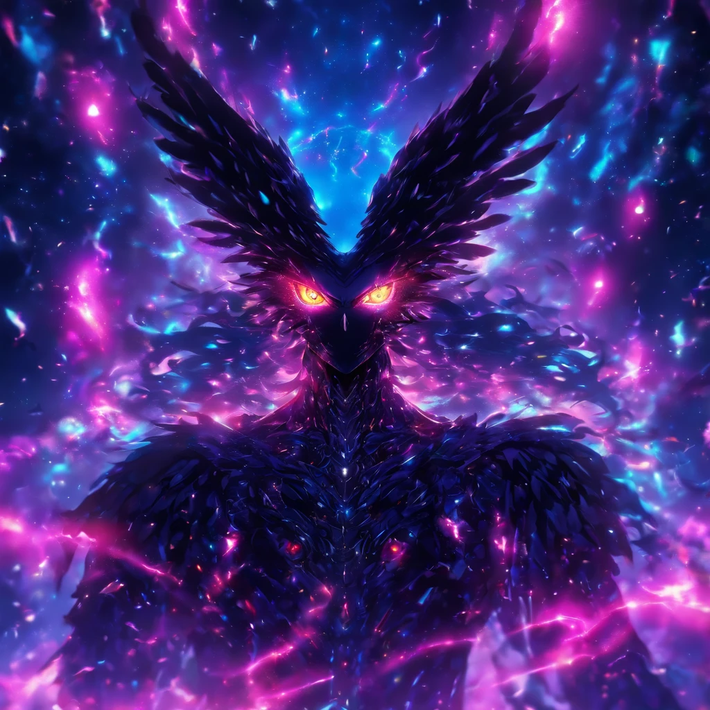 Cosmic Fallen Angel, glowing light eyes, Biomechanical, eerie, Creepy, nightmarish, Very bright colors, Light particles, with light glowing, Mshiff, wallpaper art, UHD wallpaper