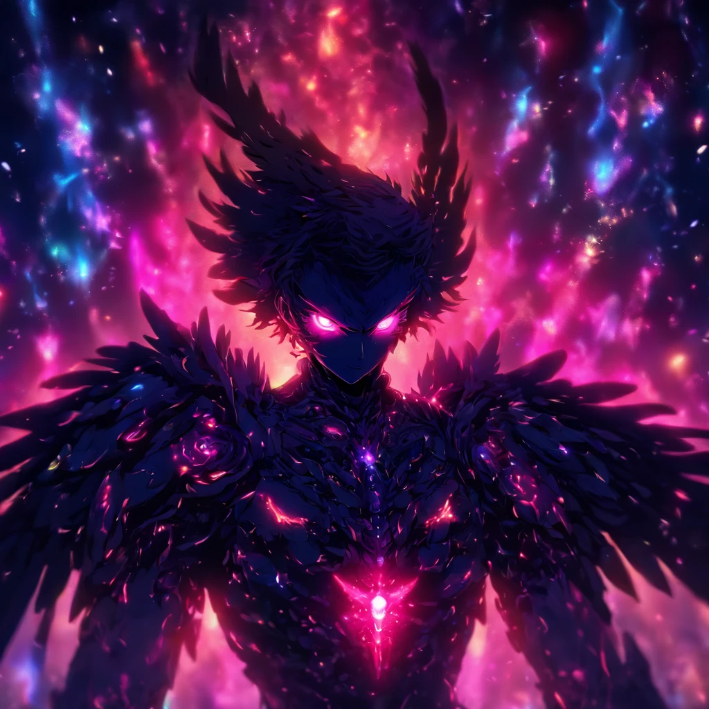 Cosmic Fallen Angel, glowing light eyes, Biomechanical, eerie, Creepy, nightmarish, Very bright colors, Light particles, with light glowing, Mshiff, wallpaper art, UHD wallpaper