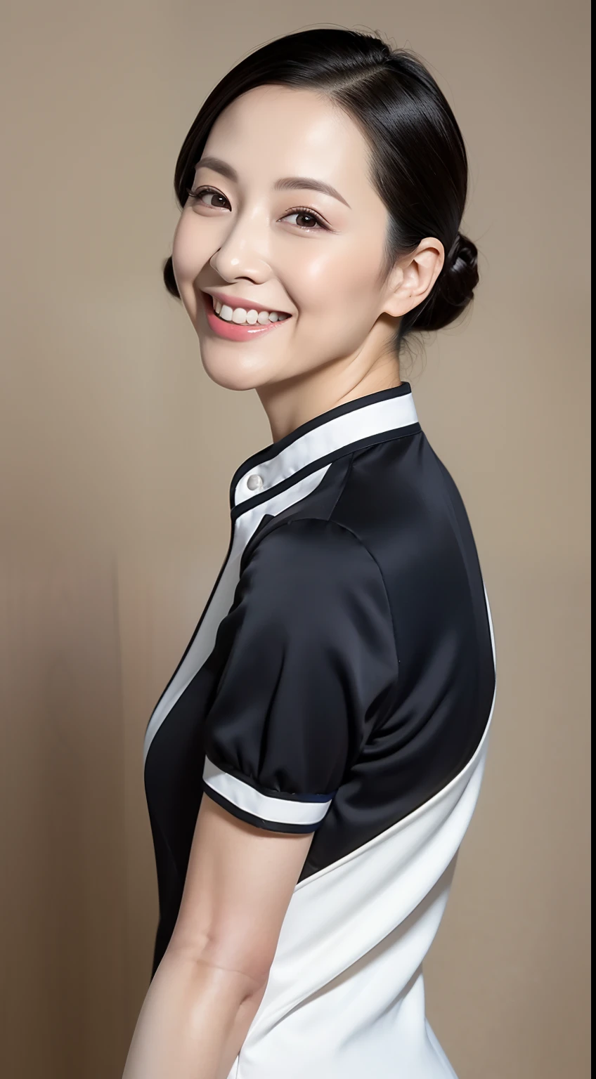Masterpiece,Best quality, (maam. clerk:1), ((Portrait:1.3)), Cross arms， Smile，，Long legs，skin hyper-detail，Clear pores，in a panoramic view，Cocked buttocks，black lence stockings，Beautiful young Japanese woman over 40 years old,  Perfect face, Fantastic look,  (Detailed facial features),  Clean and nice face，on cheongsam