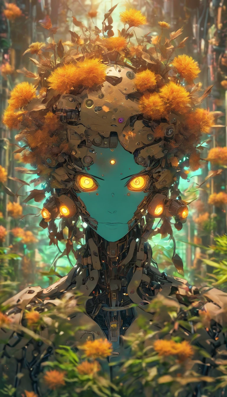 a front faced gorgeous botanical cyborg with dry flowers growing out of it, rustic:1.3 ,biomechanical  ((cyborg:1.3))automata, android, bokah diadem, damaged suit, dameged head, cracked glass, scratche screen,damned lands,yule heaven,biomechanical cyborg, 8k resoultion,  cinematic style digital art render with mechanical and futuristic details, Sci-Fi, hyper realistic ,biomachanical cyborg, post apocalyptic, damaged, surreal,surreal, withered nature, withered plants and leaves , dried