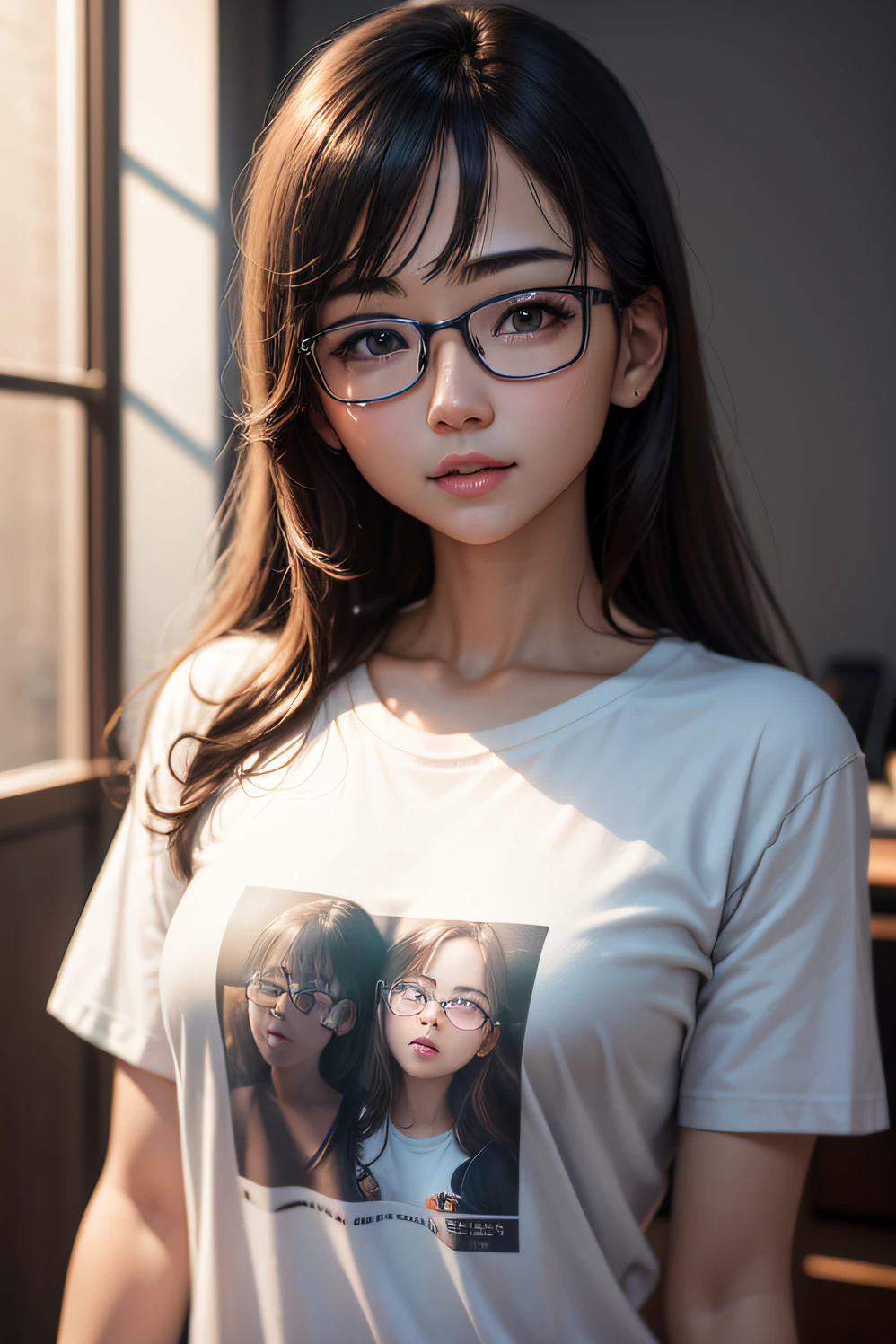 clothed、(Photo Real:1.4)、(hyper realisitic:1.4)、(realisitic:1.3)、 (Smoother lighting:1.05)、(Improved lighting quality in movies:0.9)、32K、 1girl in、20 years girl、Realistic lighting、back lighting、Facial light、raytrace、(Brightening light:1.2)、(Increase quality:1.4)、 (Top quality real texture skins)、finely eye、finerly detailed face、 (Tired, sleepy and satisfied:0.0)、close up of face、tshirts、 (Bodyline mood improvement:1.1)、glowy skin、eye glasses、gentle