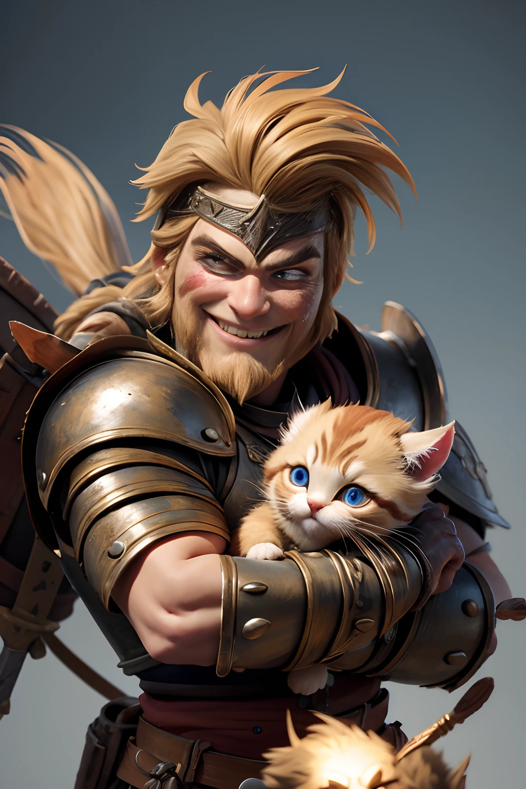 1000 years. Close-up of funny cheerful Swedish warrior in rusty and scratched armor. Holds a funny cute fat kitten in his palms. Cartoon style. super realistic, Cinematic, blurred background. Light haze.