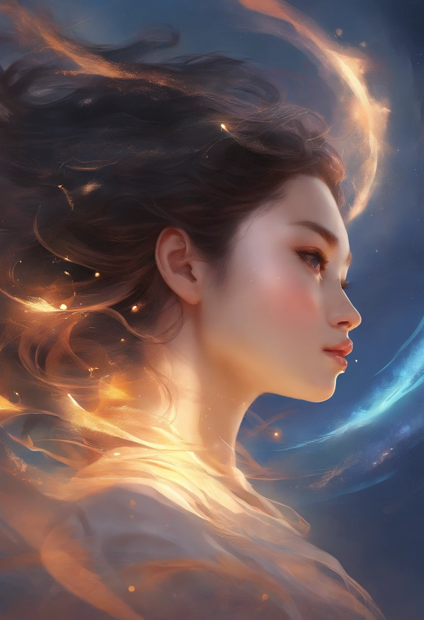 (masterpiece, best quality, ultra-realistic), showing the side face, (on_front:1.2), floating in the sky, (wavy hair:0.8), black hair, cloudy sky, sunlight, upper_body, off shoulder, day, girl around 25 years old, pretty girl