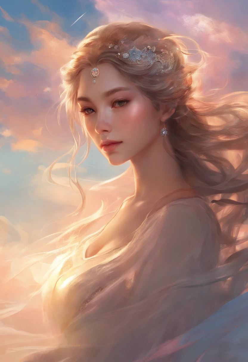 (masterpiece, best quality, ultra-realistic), showing the side face, (on_front:1.2), floating in the sky, (wavy hair:0.8), black hair, cloudy sky, sunlight, upper_body, off shoulder, day, girl around 25 years old, pretty girl