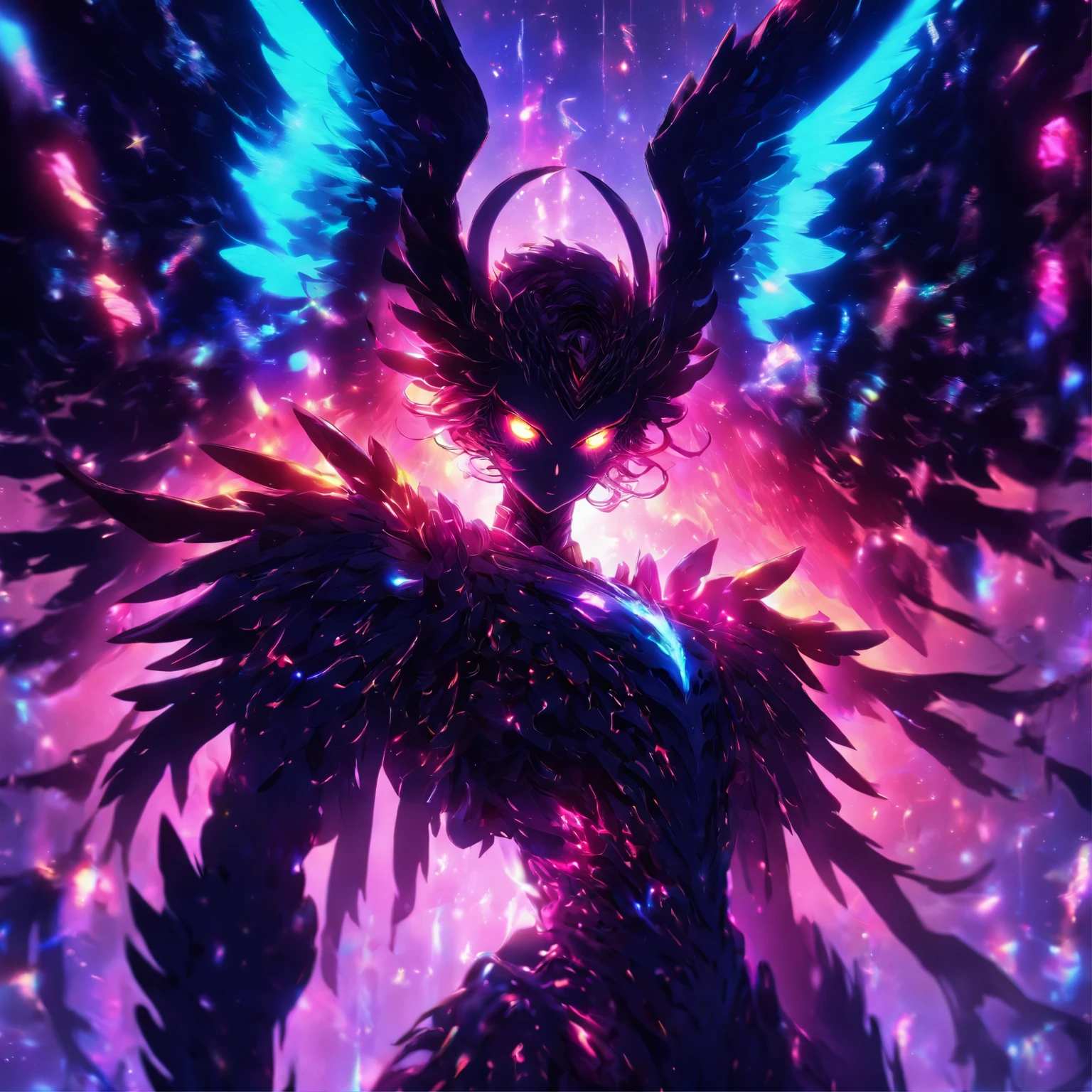 Cosmic Fallen Angel, glowing light eyes, Biomechanical, eerie, Creepy, nightmarish, Very bright colors, Light particles, with light glowing, Mshiff, wallpaper art, UHD wallpaper
