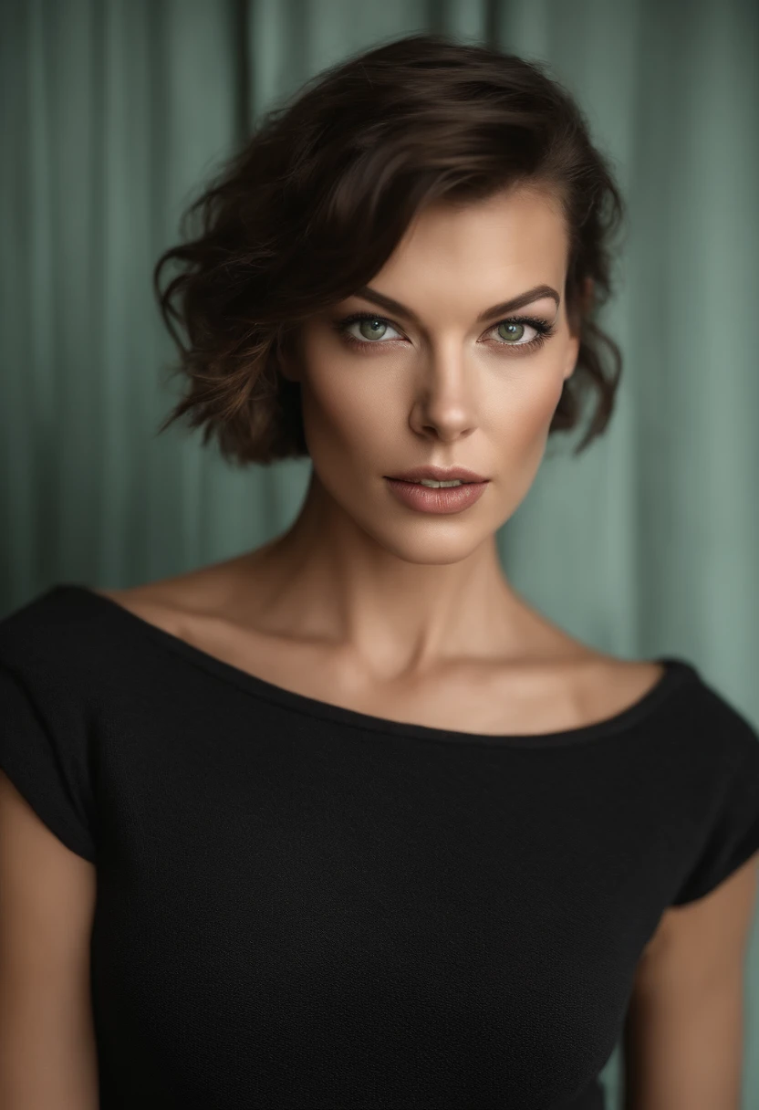 Arafed Mujer con una camiseta blanca sin mangas y un collar, Chica sexy con ojos verdes, Retrato Milla Jovovich, brown hair and large eyes, selfie de una mujer joven, Ojos del dormitorio, Violeta Myers, sin maquillaje, Maquillaje natural, staring directly into camera, cara con artgram, maquillaje sutil, Impresionante foto de cuerpo completo, penetrantes ojos verdes, con mini vestido negro ajustado, Toma de cuerpo completo
