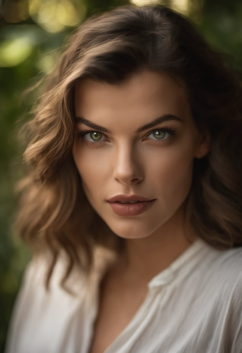 Arafed Mujer con una camiseta blanca sin mangas y un collar, Chica sexy con ojos verdes, Retrato Milla Jovovich, brown hair and large eyes, selfie de una mujer joven, Ojos del dormitorio, Violeta Myers, sin maquillaje, Maquillaje natural, staring directly into camera, cara con artgram, maquillaje sutil, Impresionante foto de cuerpo completo, penetrantes ojos verdes, con mini vestido negro ajustado, Toma de cuerpo completo