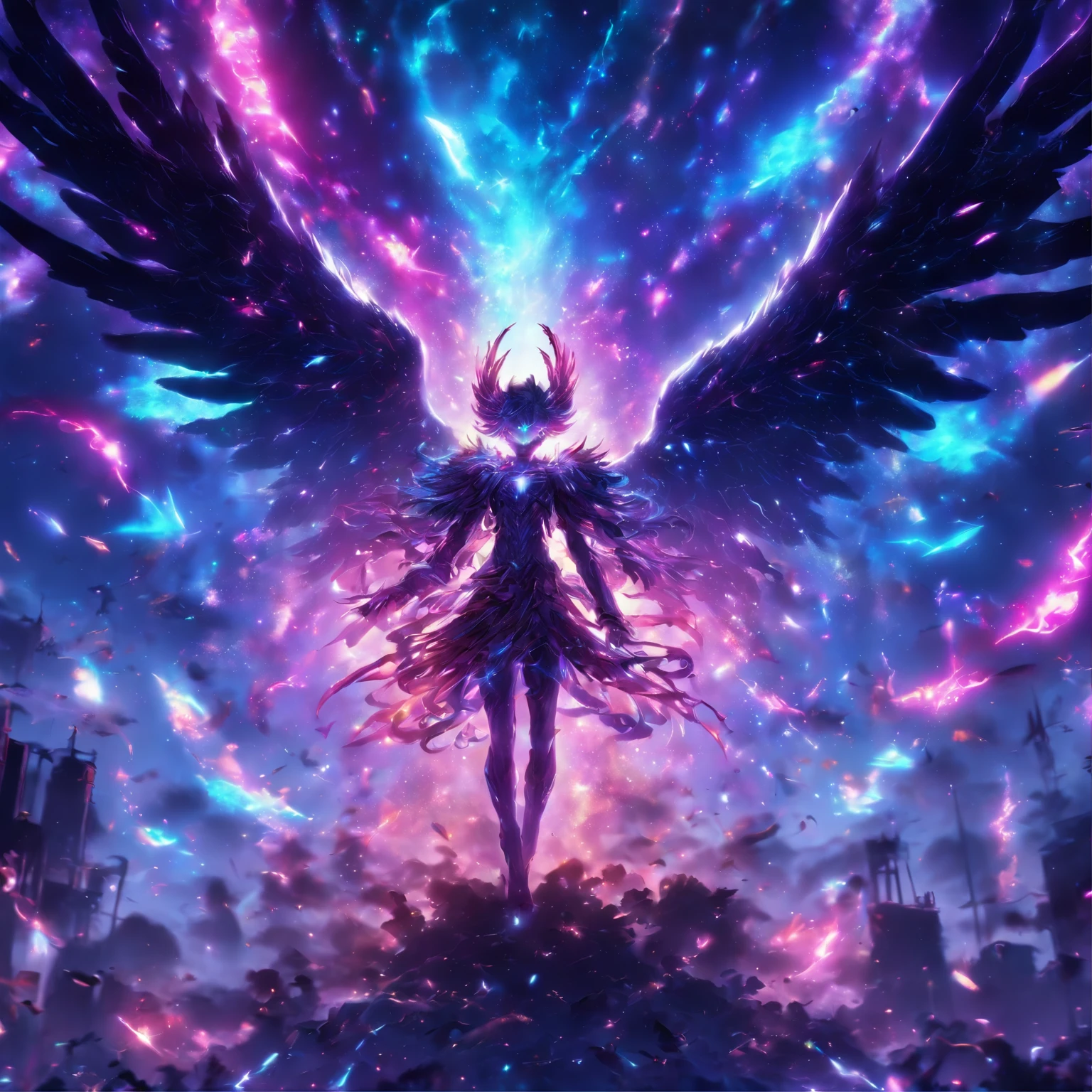 Cosmic Fallen Angel, glowing light eyes, Biomechanical, eerie, Creepy, nightmarish, Very bright colors, Light particles, with light glowing, Mshiff, wallpaper art, UHD wallpaper