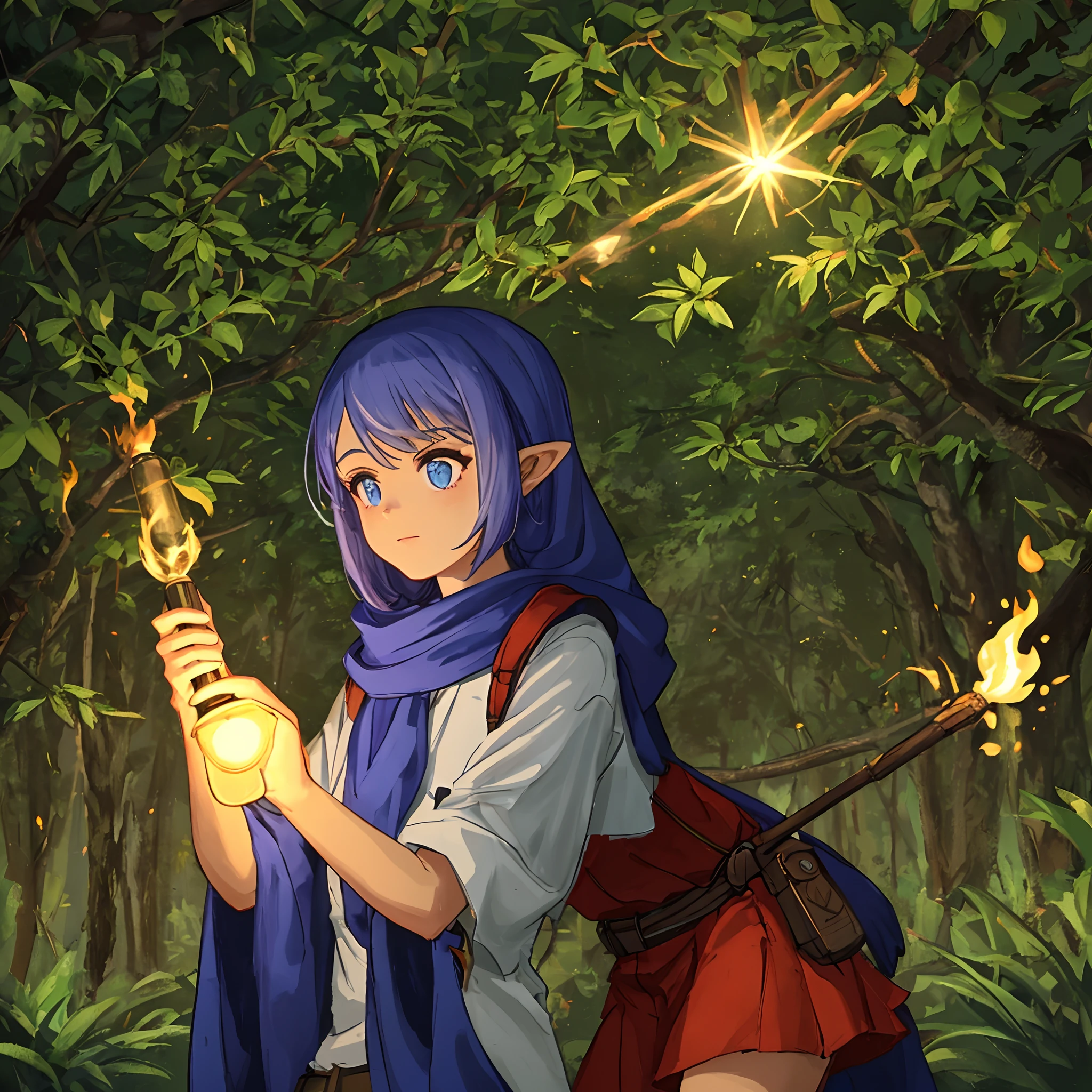 Elfa, na floresta, with a torch in hand, a noite, brilho da lua