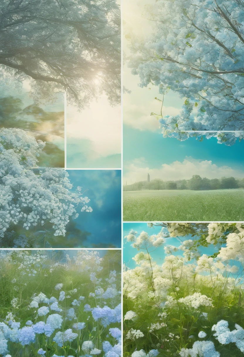 Real photos, photography, 65° viewing angle, real light and shadow, outdoor, close-up, lawn, sunny day, simple background, garden of pastel blue flowers, trees, realistic details, 8K high-definition pictures, circular platform::2,