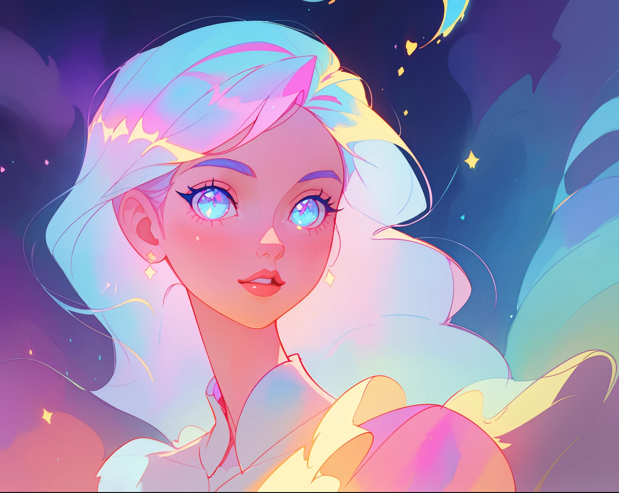 beautiful anime girl, portrait, vibrant pastel colors, (colorful), magical lights, long flowing colorful hair, inspired by Glen Keane, inspired by Lois van Baarle, disney art style, by Lois van Baarle, glowing aura around her, by Glen Keane, jen bartel, glowing lights! digital painting, flowing glowing hair, glowing flowing hair, beautiful digital illustration, fantasia background, whimsical, magical, fantasy, beautiful face, ((masterpiece, best quality)), intricate details, highly detailed, sharp focus, 8k resolution, sparkling detailed eyes, liquid watercolor