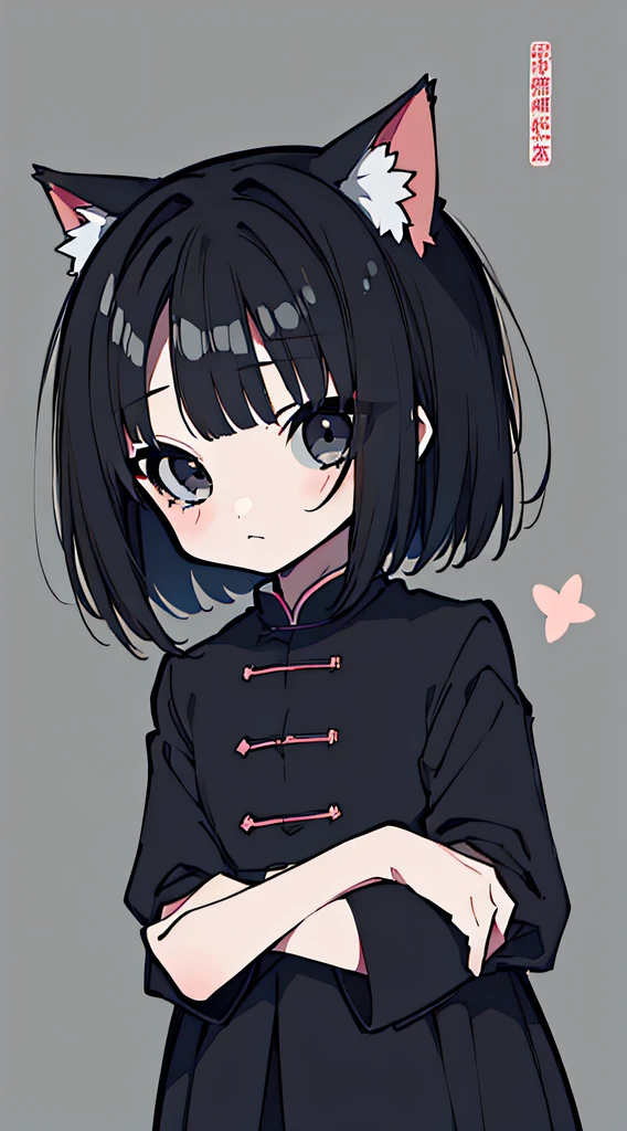 1girll,kawaii,Loli,Solo,solo,Mao Zedong,Mao suit,Cat ears,Black hair,Black eyes,grey clothing,Zhongshan suit,Masterpiece, Best quality, cute female child, Loli, kawaii, Short hair, wave hair,bob hair,Medium hair, Black hair, Disheveled hair, Forehead, Asymmetrical bangs,,greybackground, Arms_Crossed,