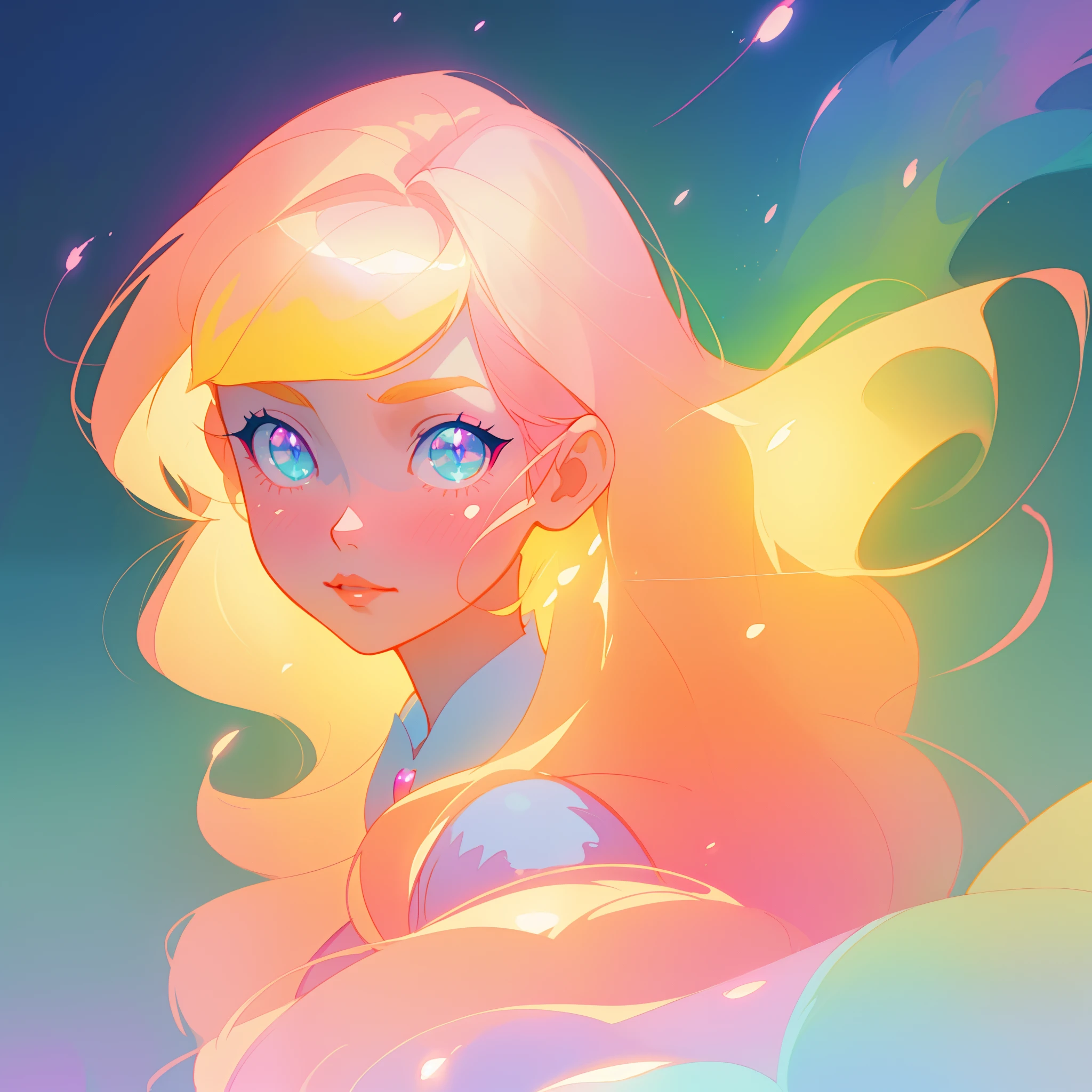 beautiful anime girl, portrait, vibrant pastel colors, (colorful), magical lights, long flowing colorful hair, inspired by Glen Keane, inspired by Lois van Baarle, disney art style, by Lois van Baarle, glowing aura around her, by Glen Keane, jen bartel, glowing lights! digital painting, flowing glowing hair, glowing flowing hair, beautiful digital illustration, fantasia background, whimsical, magical, fantasy, beautiful face, ((masterpiece, best quality)), intricate details, highly detailed, sharp focus, 8k resolution, sparkling detailed eyes, liquid watercolor