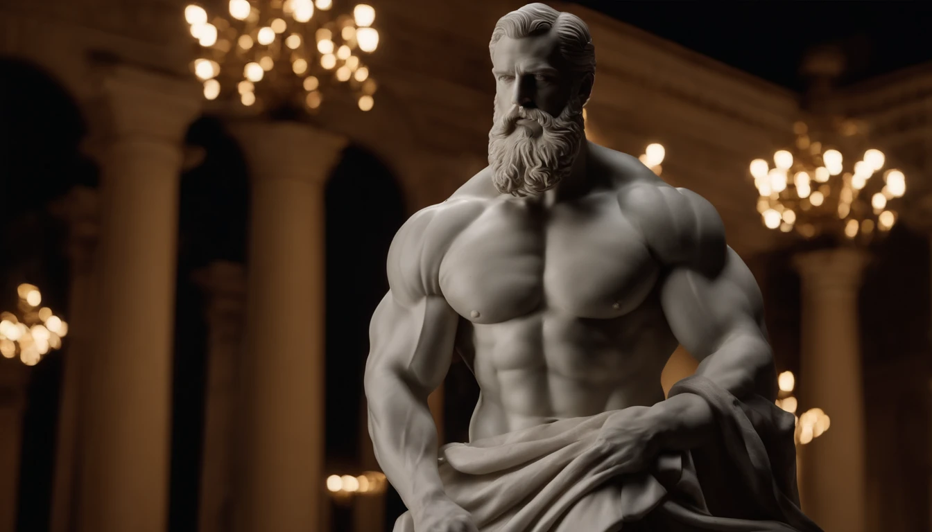 A white marble statue of a muscle, Bearded man with a stern look in a dark square at night, in the style of photographers Annie Leibovitz and Peter Lindbergh.