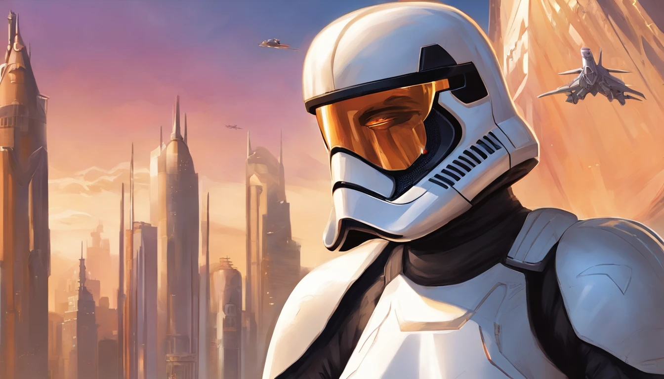 A close-up portrait of a woman Imperial stormtrooper with a city in the background, inspired by the concept art of Magali Villeneuve, popular in CG Society, from "Star Wars: The Old Republic", influenced by the concept art of Ralph McQuarrie. The stormtrooper has a strong and confident expression, emphasizing the detailed facial features such as beautiful detailed eyes, detailed lips, and extremely detailed eyes and face. She is wearing the traditional white stormtrooper armor, with a sleek and futuristic design. The city in the background is bustling with activity, with futuristic buildings and flying vehicles, creating a sense of a vibrant and advanced metropolis. The artwork is rendered in a medium that combines elements of illustration, 3D rendering, and photography, resulting in a visually stunning and immersive piece. The colors and lighting are vivid and dynamic, enhancing the overall atmosphere of the artwork. The image quality is of the utmost importance, with a best quality, 4K or 8K resolution, high-res, and masterpiece:1.2, making it a true masterpiece in terms of quality and detail. The prompt aims to capture the essence of the concept art, showcasing the iconic Imperial stormtrooper in a captivating and visually striking manner.