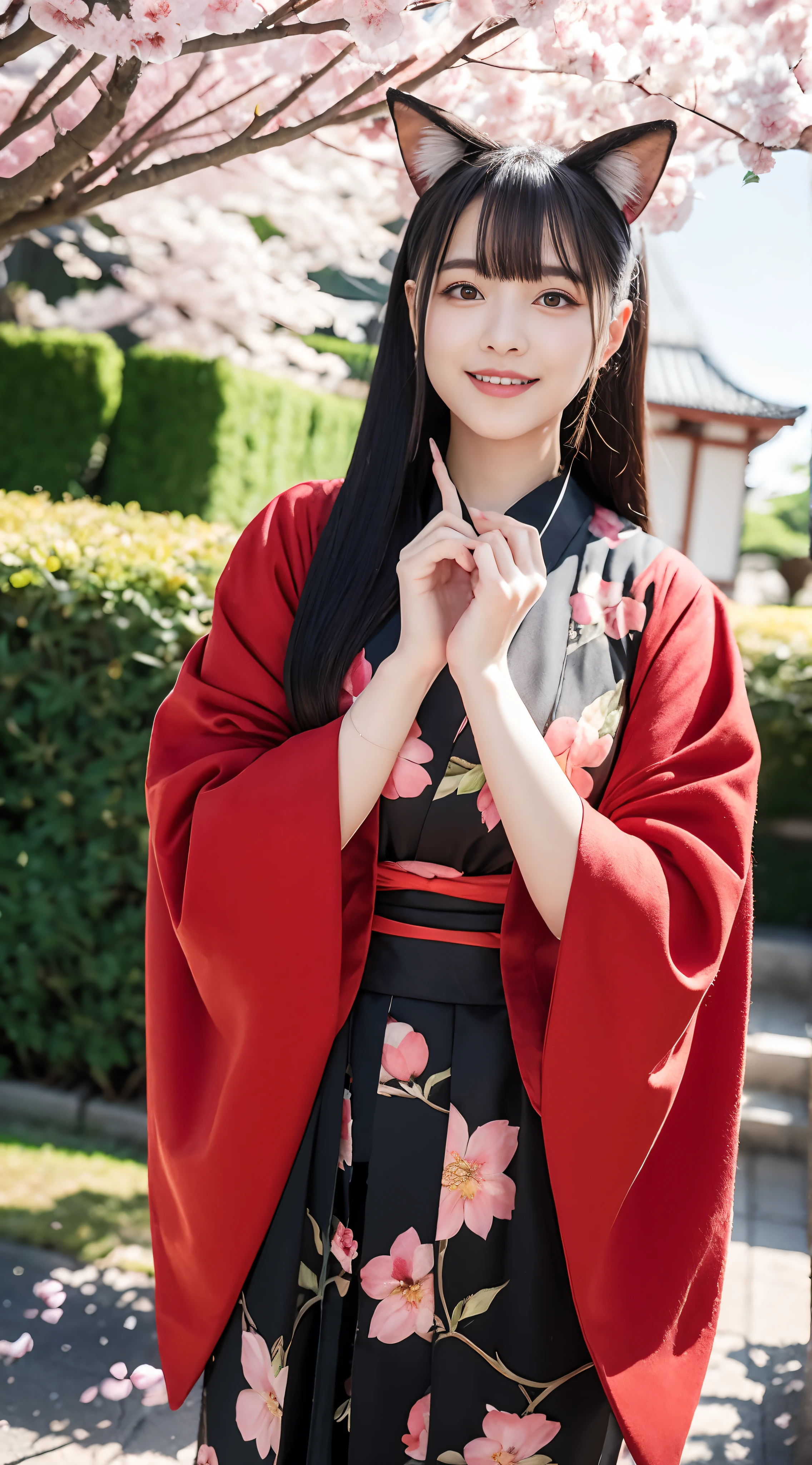 Beautiful Japan kimono、Beautiful red band、Butterfly print priestess costume、outside of house、Golden Eyes、Black fox ears、during daytime、、Semi-long、large full breasts、You can see the big tail of the black fox、Black nails、Smiling、​masterpiece、Real Light、Human ears are hidden by hair、Noble lady、、Soft petals set against a stunning background of cherry trees floating in the air, Shooting with depth of field and volumetric lighting、Create a dreamy atmosphere.